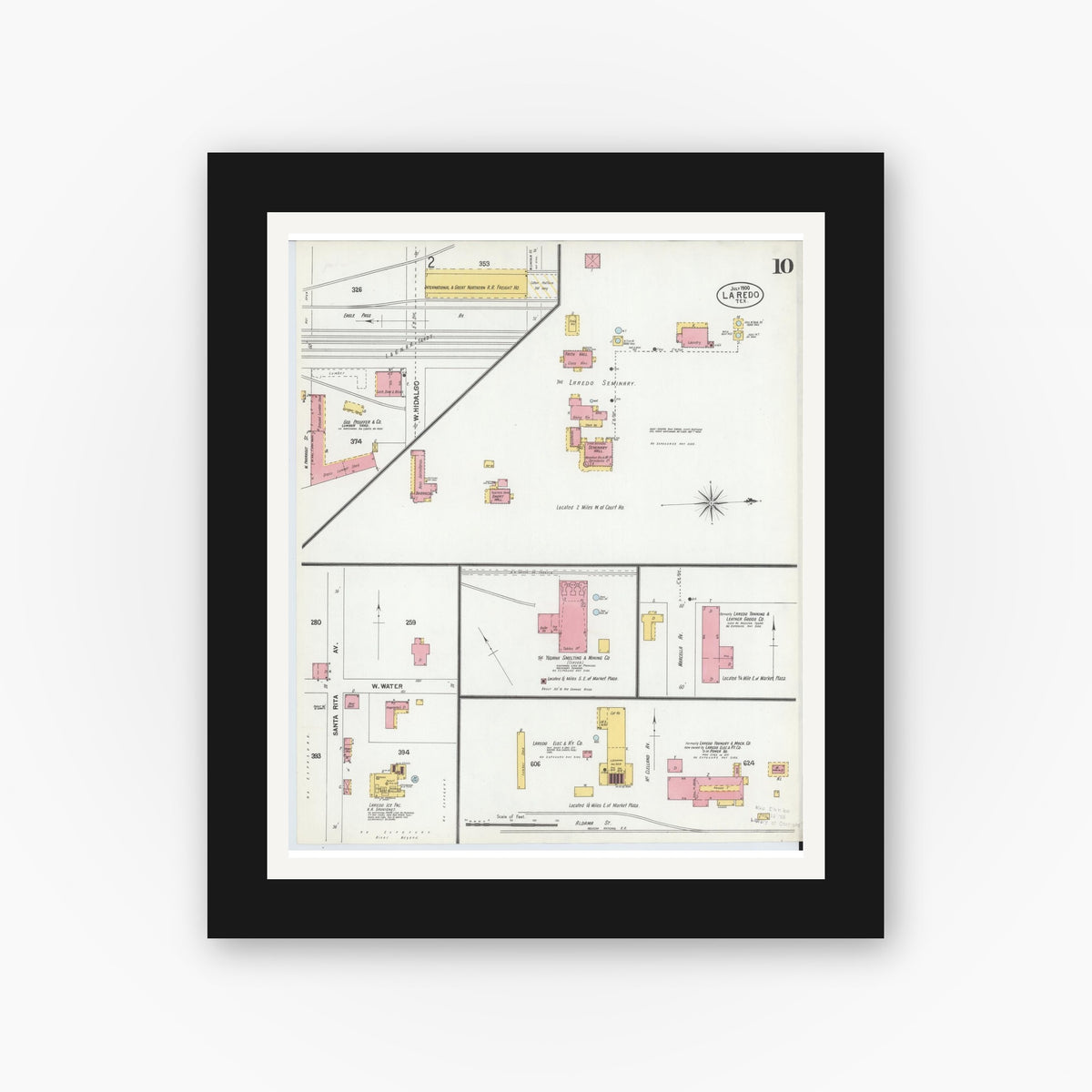 Old map wall art mockup — black gallery frame with white mat — Sanborn Fire Insurance Map from Laredo, Webb County, Texas (1900), Sheet #0010