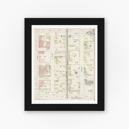 Old map wall art mockup — black gallery frame with white mat — Sanborn Fire Insurance Map from Fort Worth, Tarrant County, Texas (1885), Sheet #0005