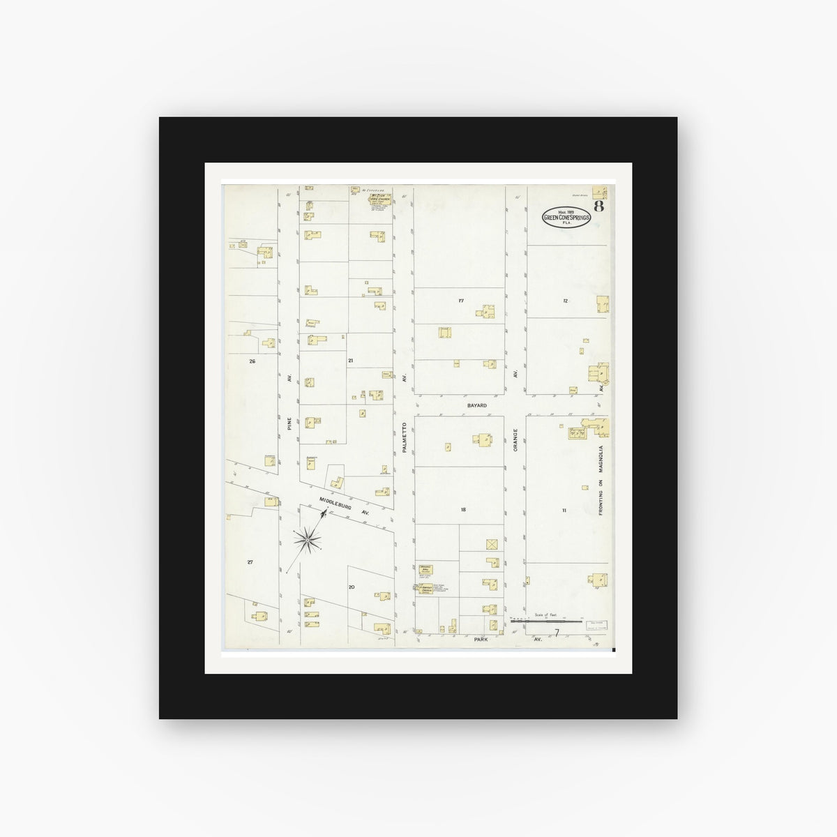 Old map wall art mockup — black gallery frame with white mat — Sanborn Fire Insurance Map from Green Cove Springs, Clay County, Florida (1909), Sheet #0008