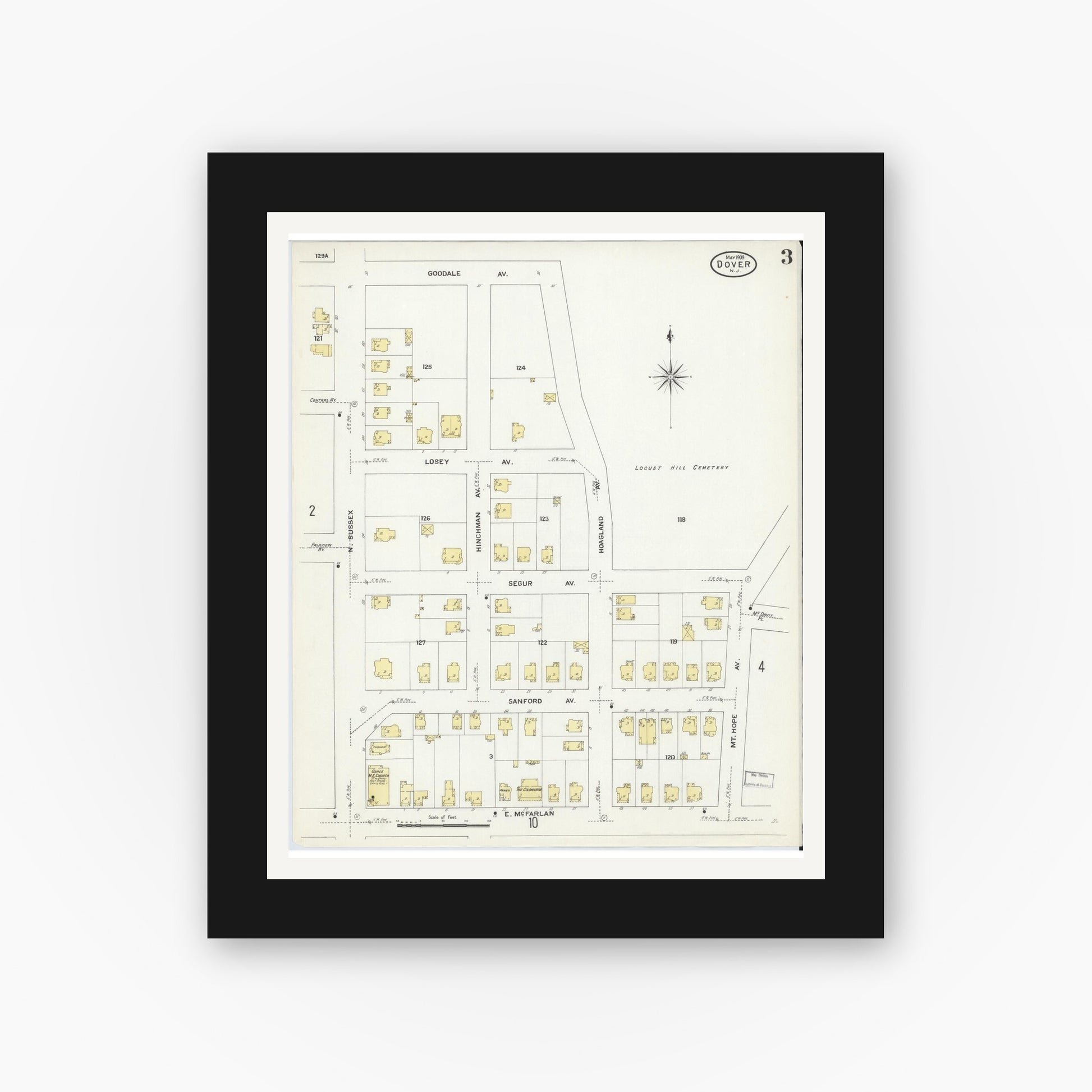 Old map wall art mockup — black gallery frame with white mat — Sanborn Fire Insurance Map from Dover, Morris County, New Jersey (1909), Sheet #0003