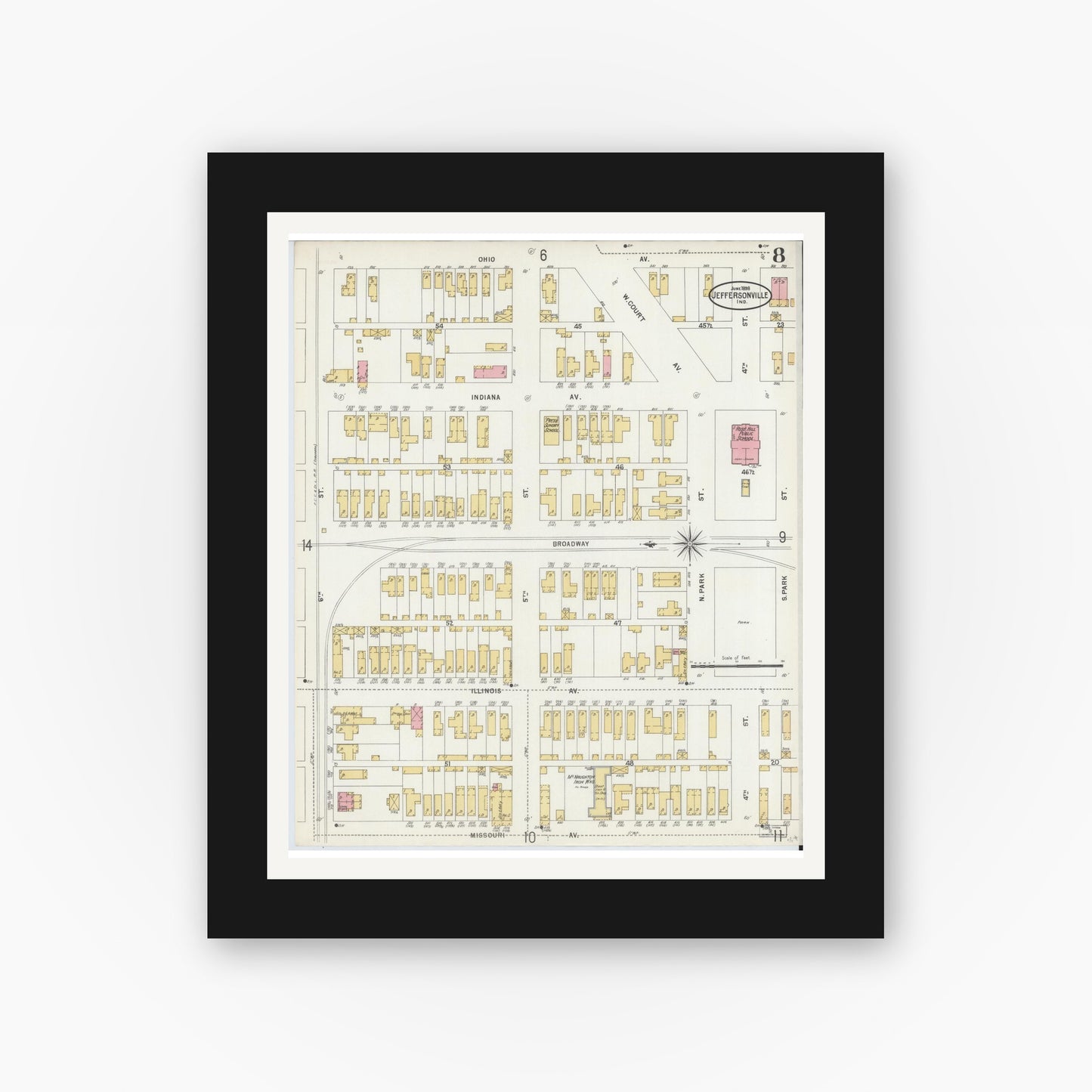 Old map wall art mockup — black gallery frame with white mat — Sanborn Fire Insurance Map from Jeffersonville, Clark County, Indiana (1898), Sheet #0008