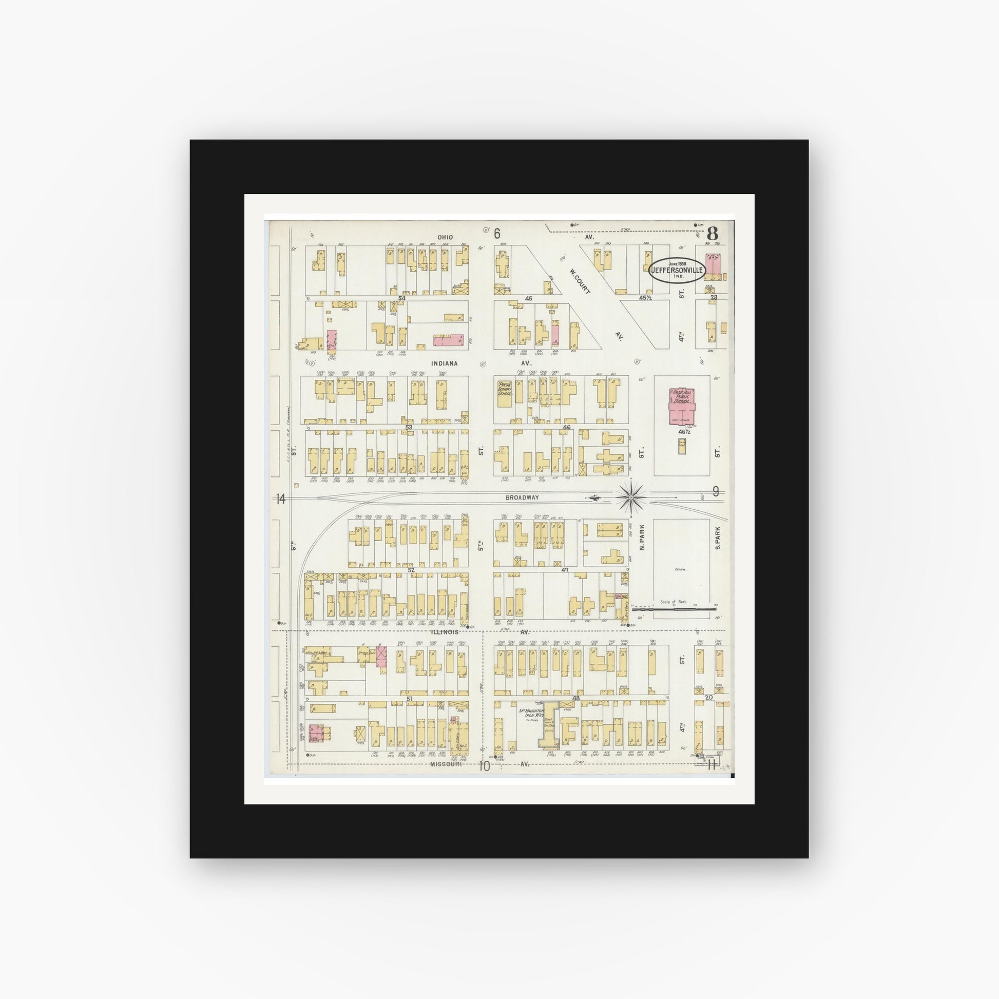 Old map wall art mockup — black gallery frame with white mat — Sanborn Fire Insurance Map from Jeffersonville, Clark County, Indiana (1898), Sheet #0008