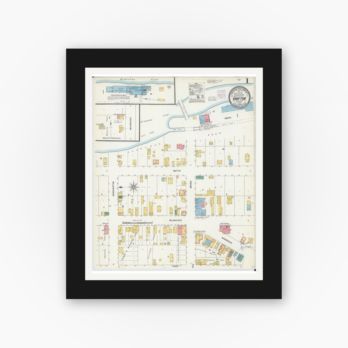 Old map wall art mockup — black gallery frame with white mat — Sanborn Fire Insurance Map from Grafton, Ozankee County, Wisconsin (1904) - Complete Map Set