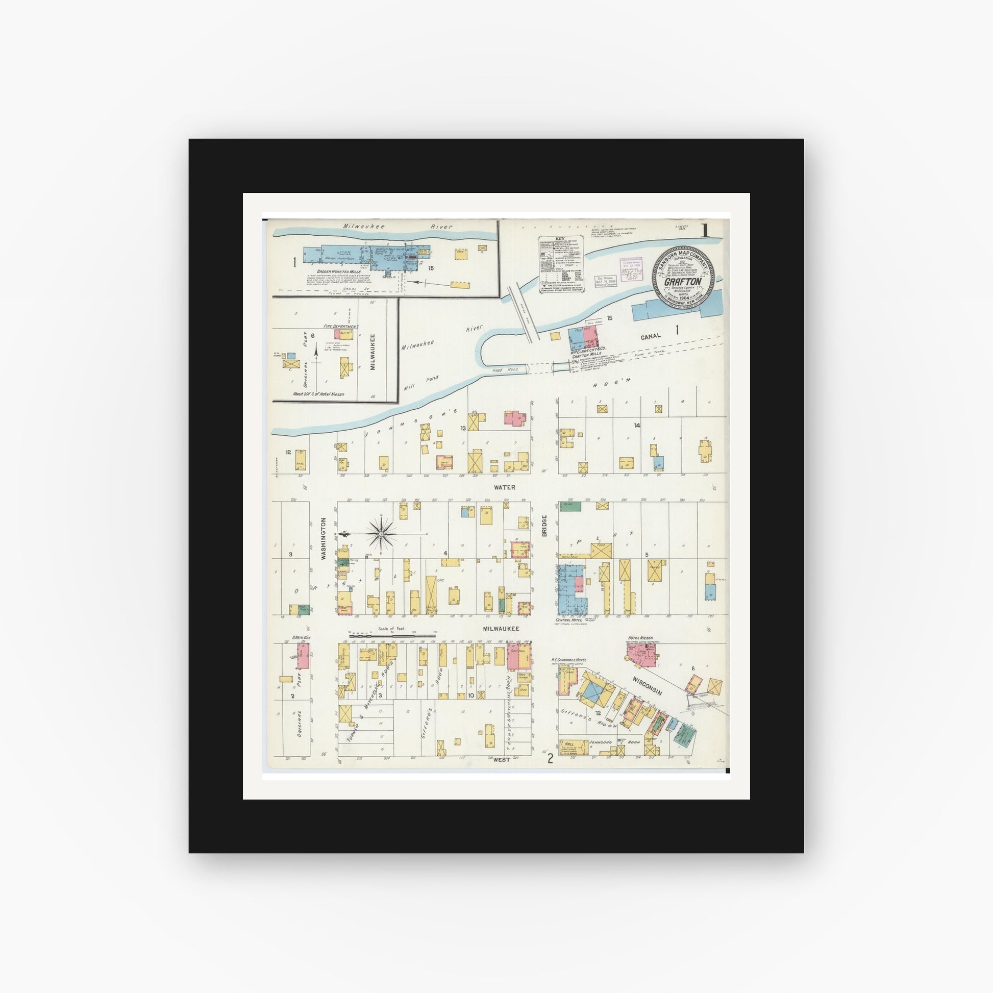 Old map wall art mockup — black gallery frame with white mat — Sanborn Fire Insurance Map from Grafton, Ozankee County, Wisconsin (1904) - Complete Map Set