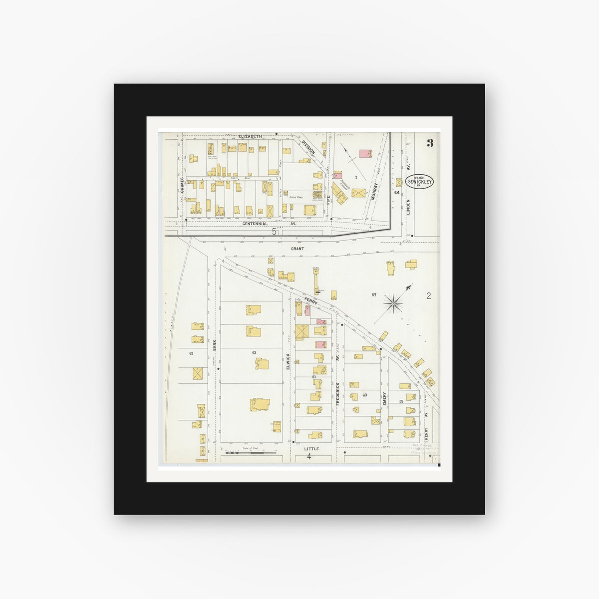 Old map wall art mockup — black gallery frame with white mat — Sanborn Fire Insurance Map from Sewickley, Allegheny County, Pennsylvania (1900), Sheet #0003