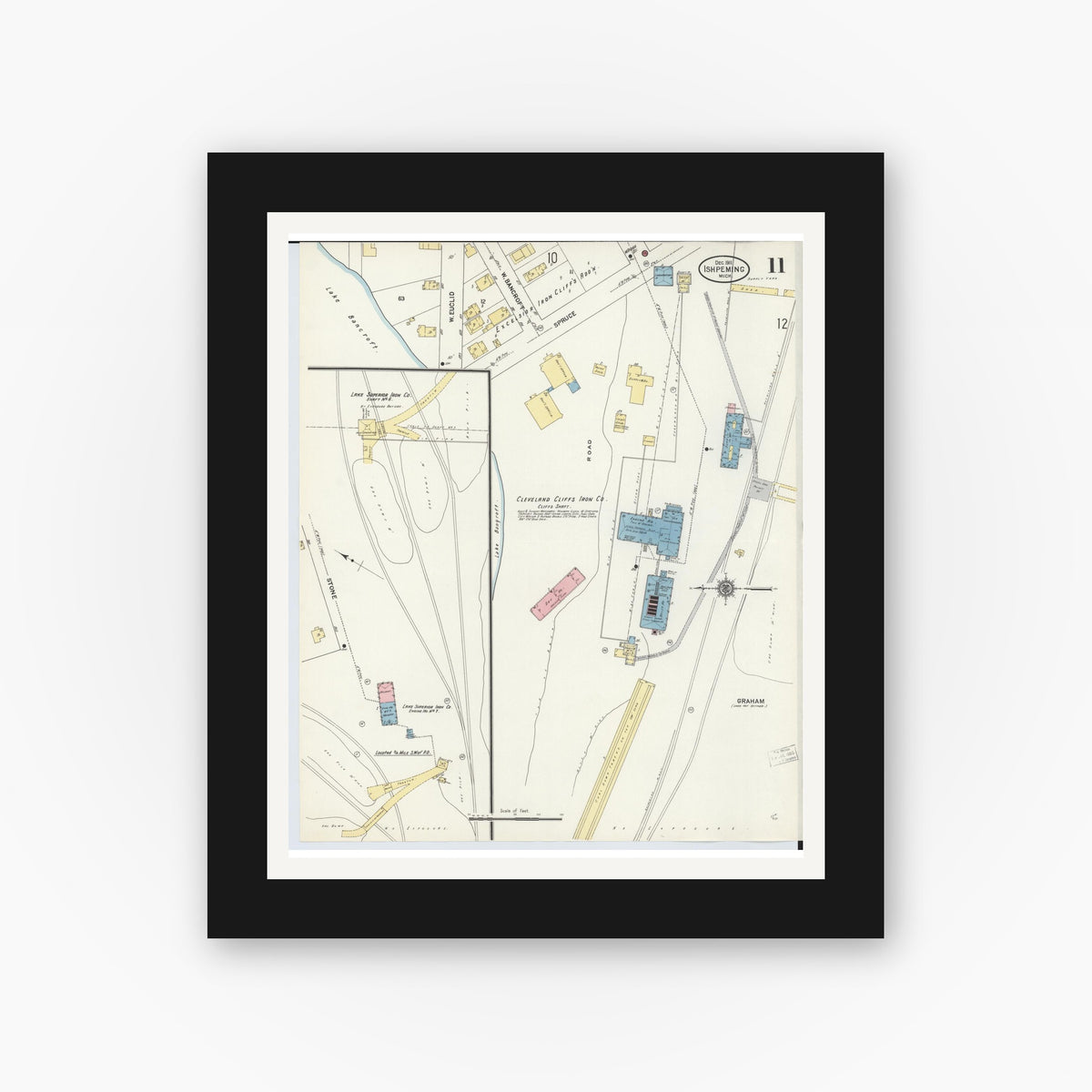 Old map wall art mockup — black gallery frame with white mat — Sanborn Fire Insurance Map from Ishpeming, Marquette County, Michigan (1911), Sheet #0011