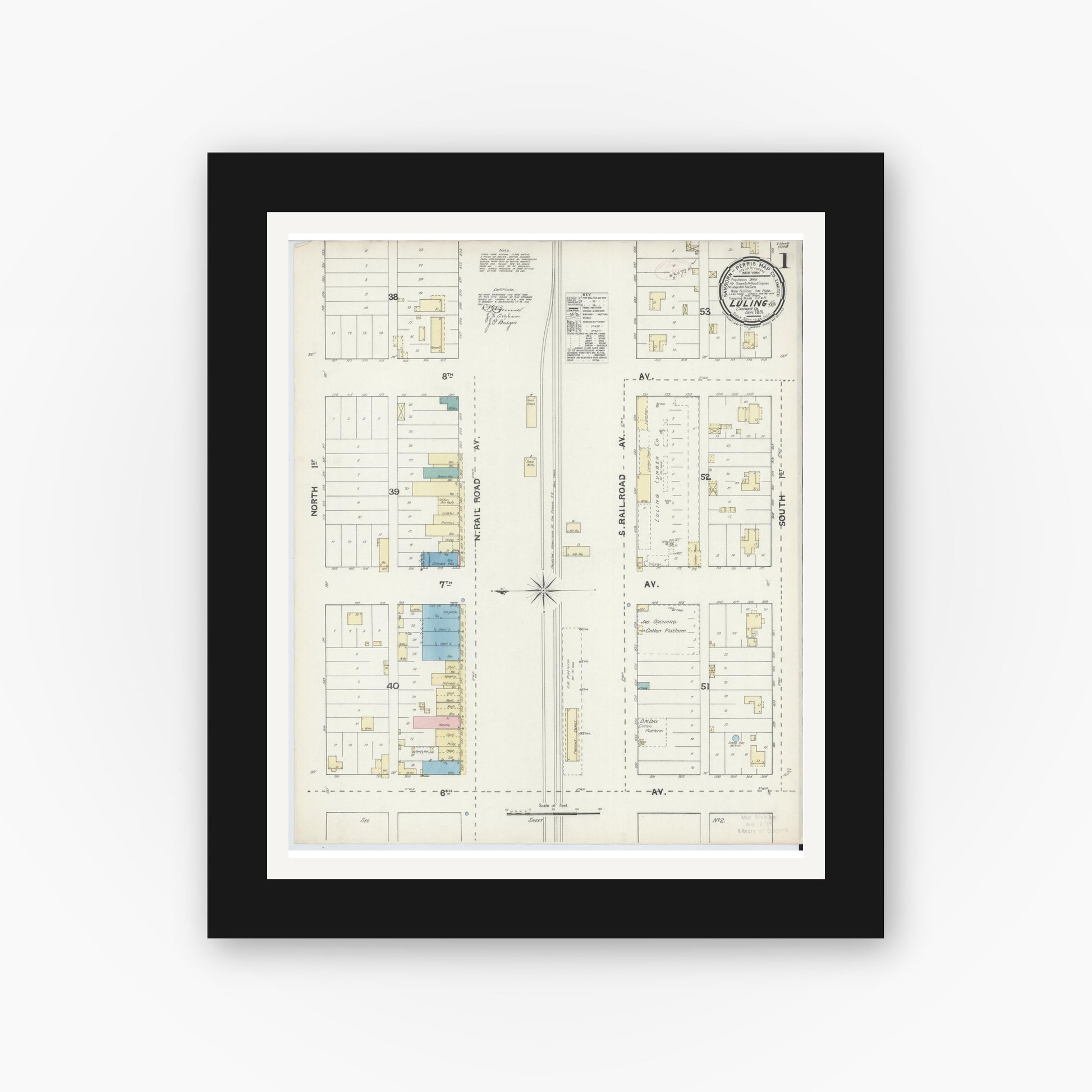 Old map wall art mockup — black gallery frame with white mat — Sanborn Fire Insurance Map from Luling, Caldwell County, Texas (1891), Sheet #0001