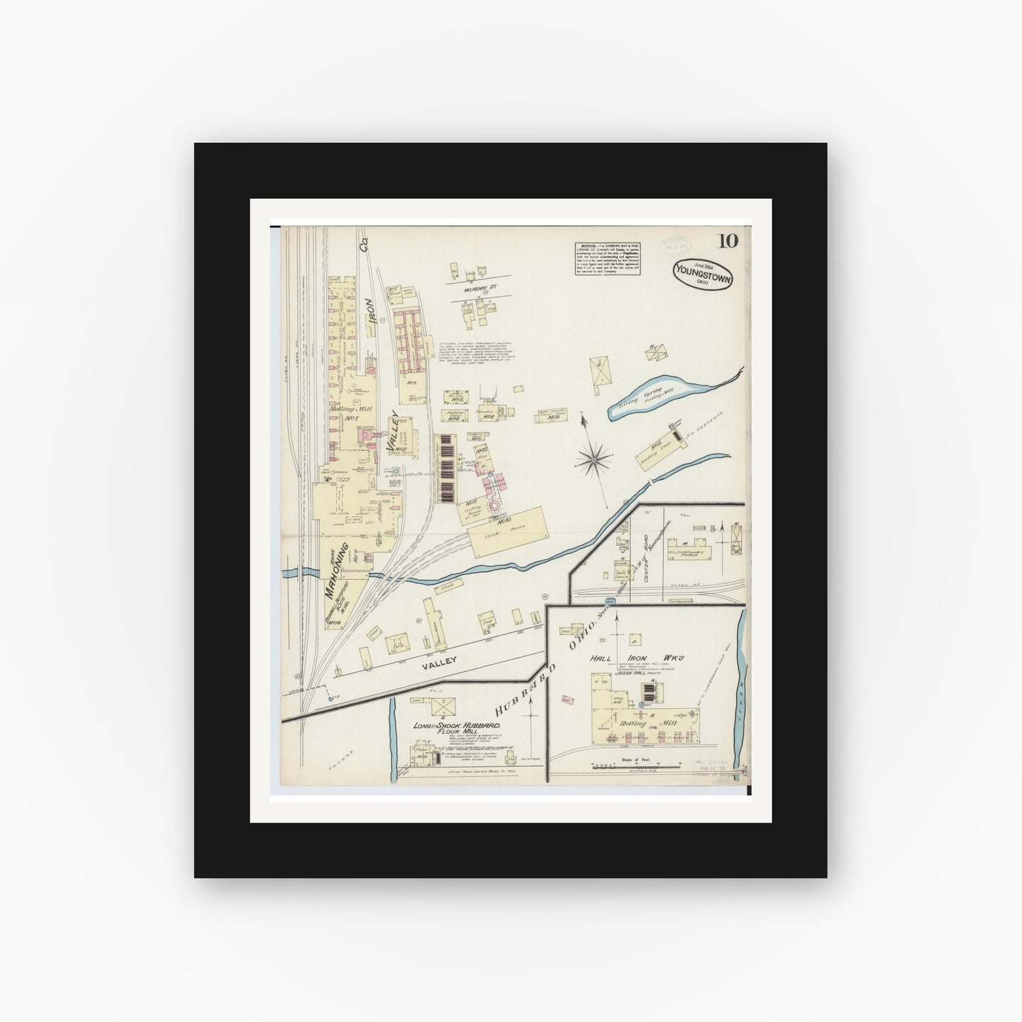 Old map wall art mockup — black gallery frame with white mat — Sanborn Fire Insurance Map from Youngstown, Mahoning County, Ohio (1884), Sheet #0010
