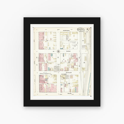 Old map wall art mockup — black gallery frame with white mat — Sanborn Fire Insurance Map from Sioux City, Woodbury County, Iowa (1884), Sheet #0004