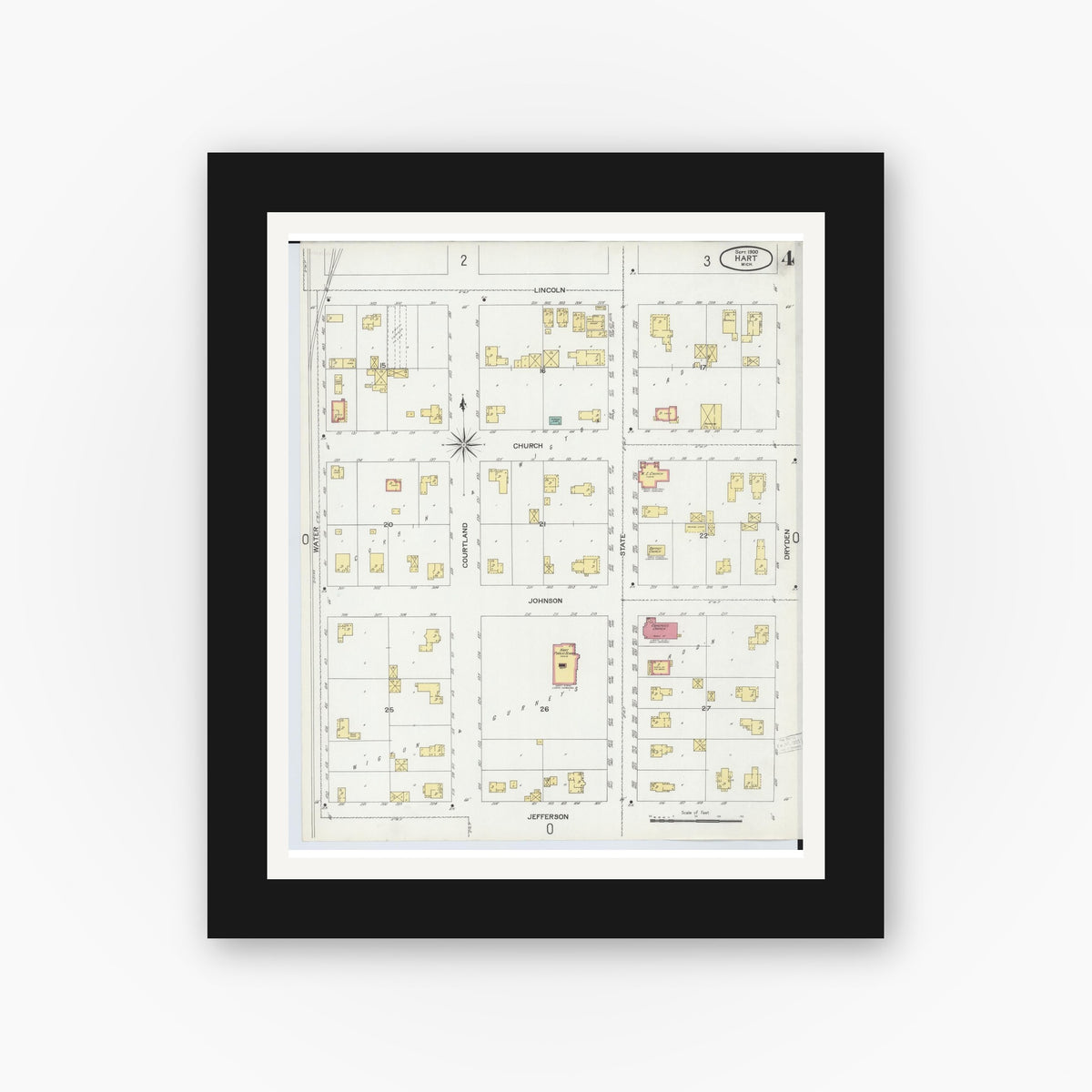 Old map wall art mockup — black gallery frame with white mat — Sanborn Fire Insurance Map from Hart, Oceana County, Michigan (1900), Sheet #0004