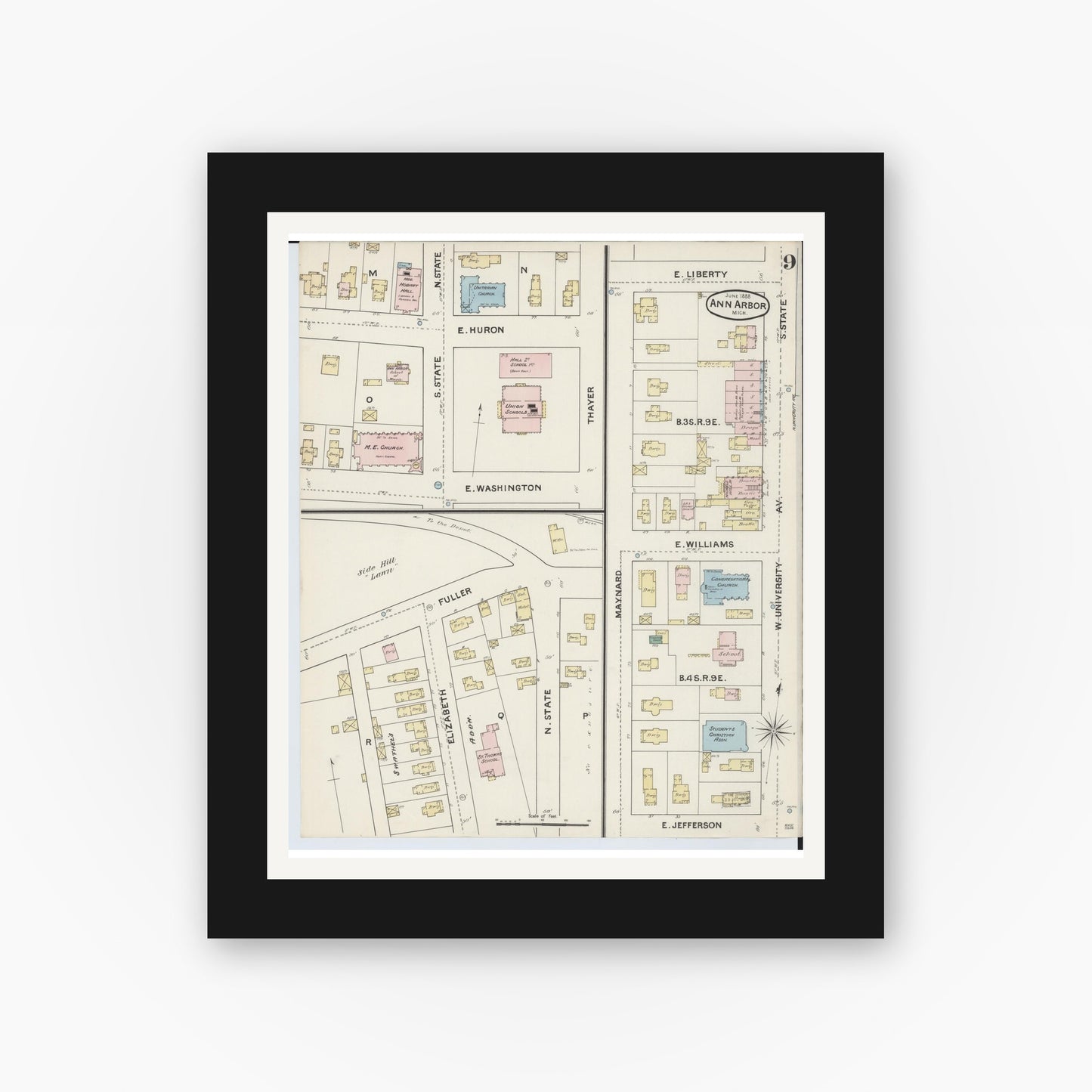 Old map wall art mockup — black gallery frame with white mat — Sanborn Fire Insurance Map from Ann Arbor, Washtenaw County, Michigan (1888), Sheet #0009