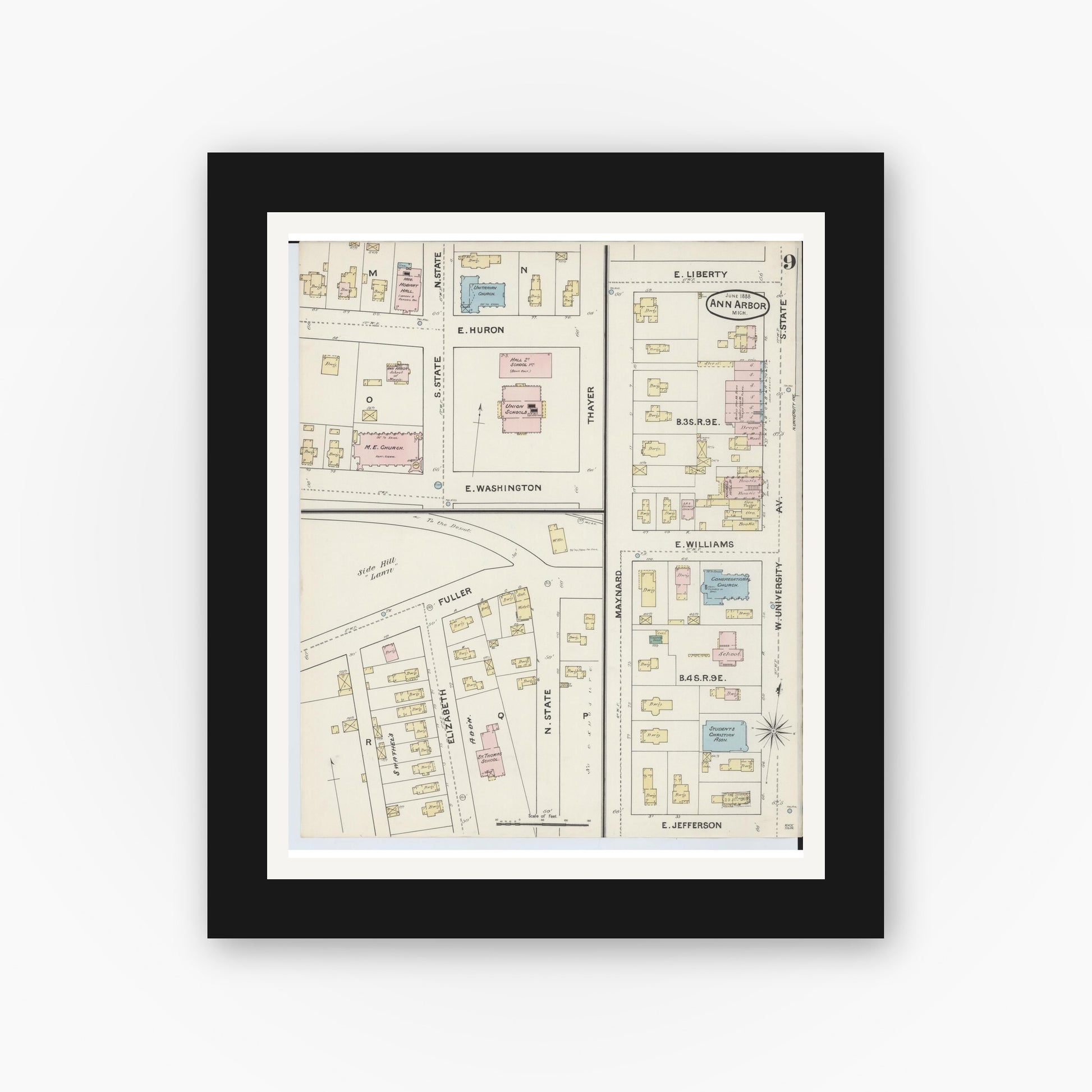 Old map wall art mockup — black gallery frame with white mat — Sanborn Fire Insurance Map from Ann Arbor, Washtenaw County, Michigan (1888), Sheet #0009