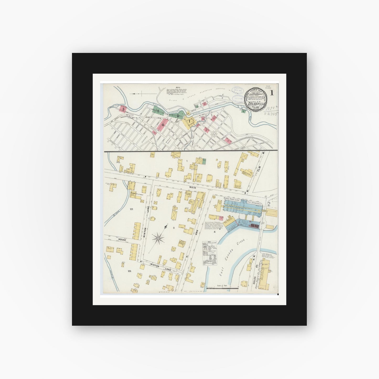 Old map wall art mockup — black gallery frame with white mat — Sanborn Fire Insurance Map from Dolgeville, Hirkimer County, New York (1898), Sheet #0001
