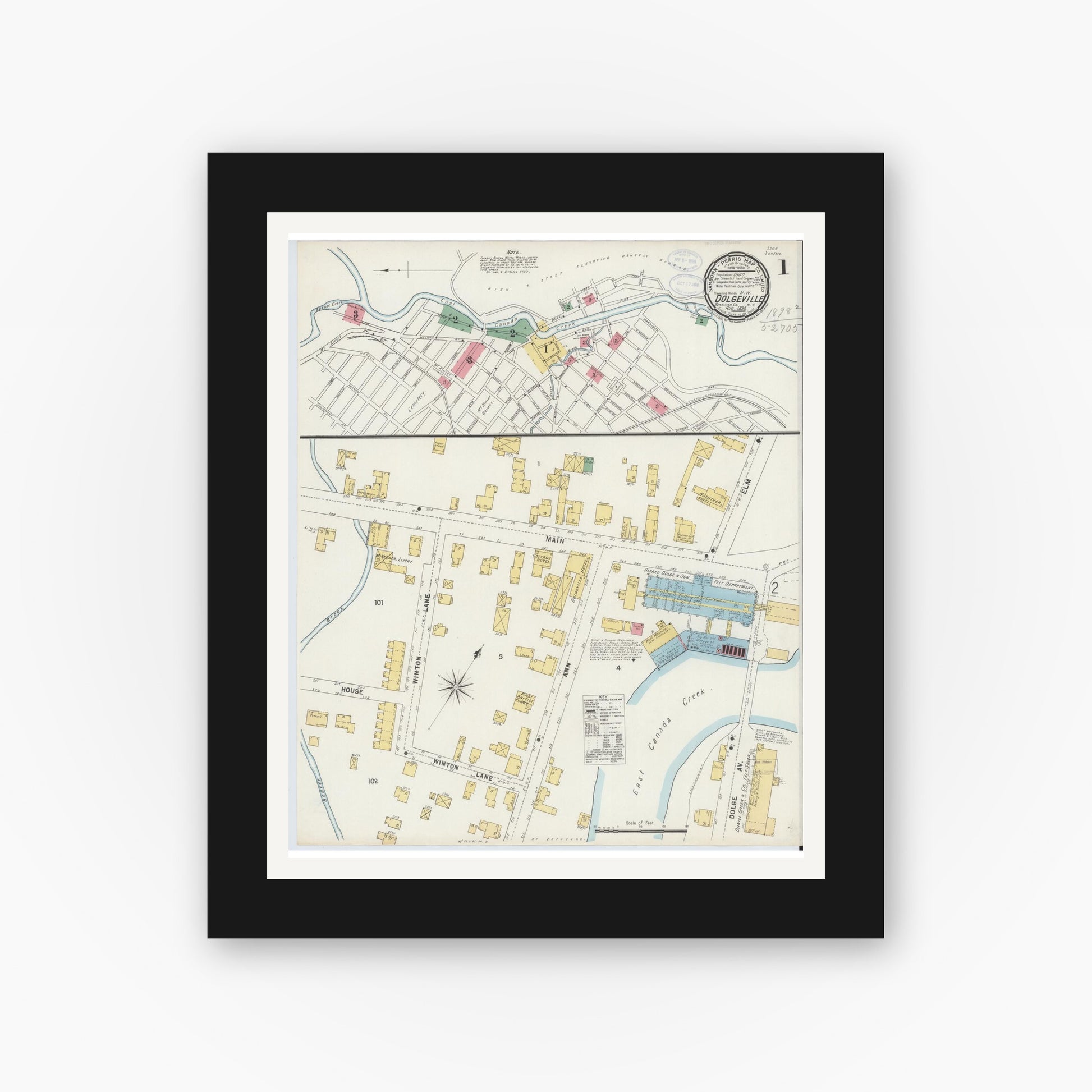 Old map wall art mockup — black gallery frame with white mat — Sanborn Fire Insurance Map from Dolgeville, Hirkimer County, New York (1898), Sheet #0001