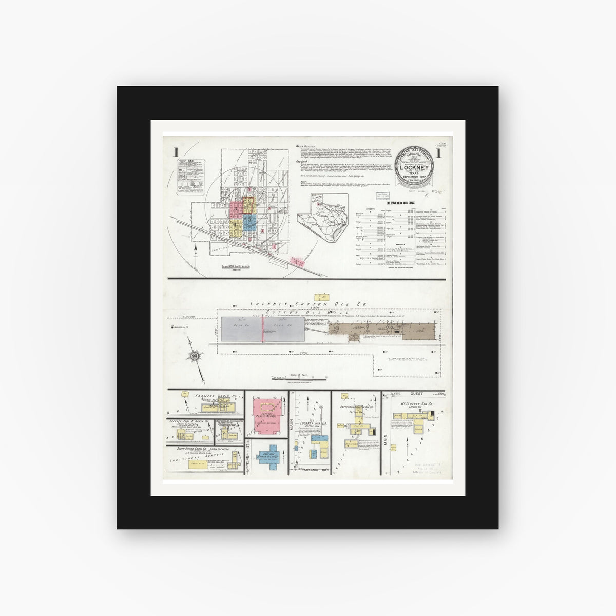 Old map wall art mockup — black gallery frame with white mat — Sanborn Fire Insurance Map from Lockney, Floyd County, Texas (1927) - Complete Map Set