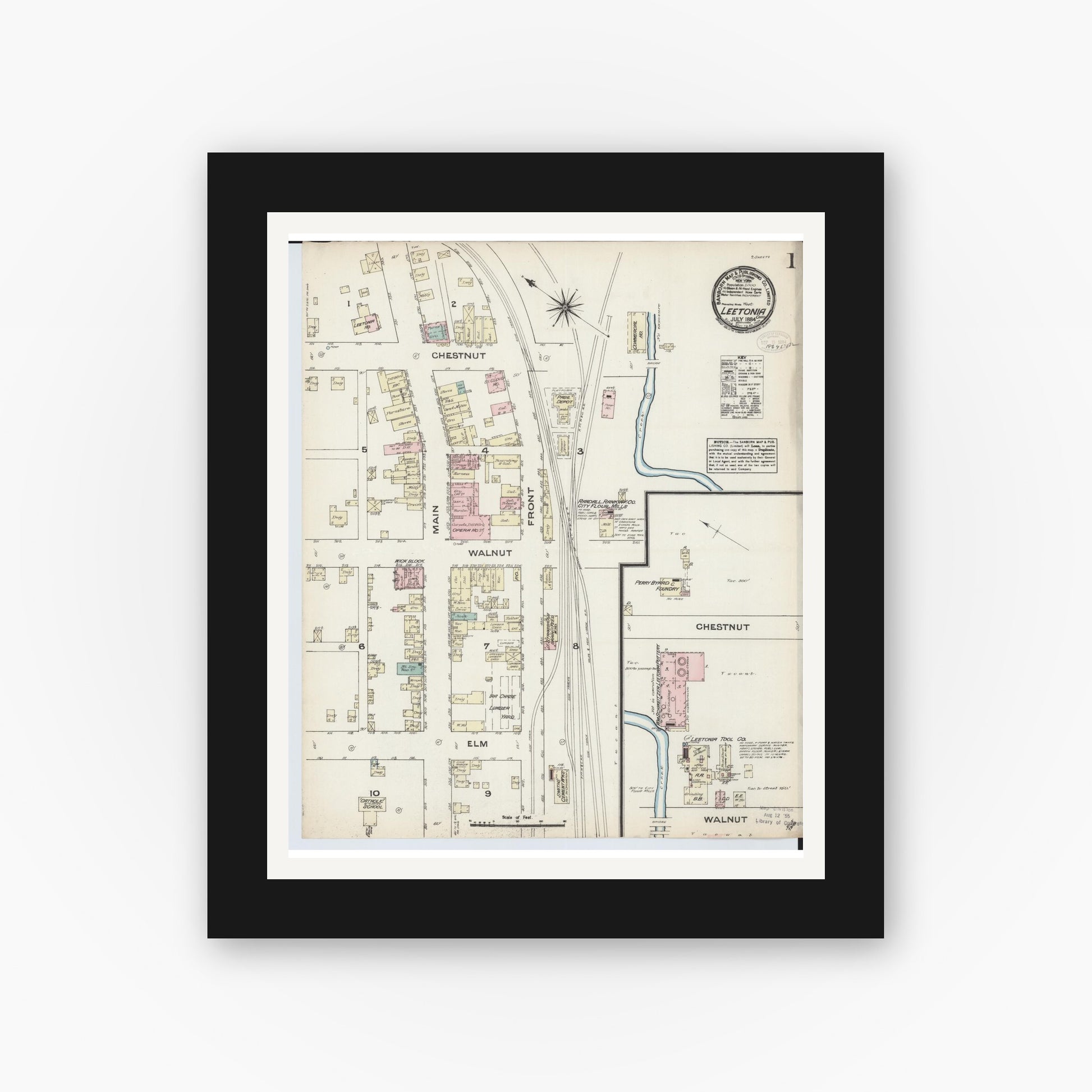 Old map wall art mockup — black gallery frame with white mat — Sanborn Fire Insurance Map from Leetonia, Columbiana County, Ohio (1884), Sheet #0001