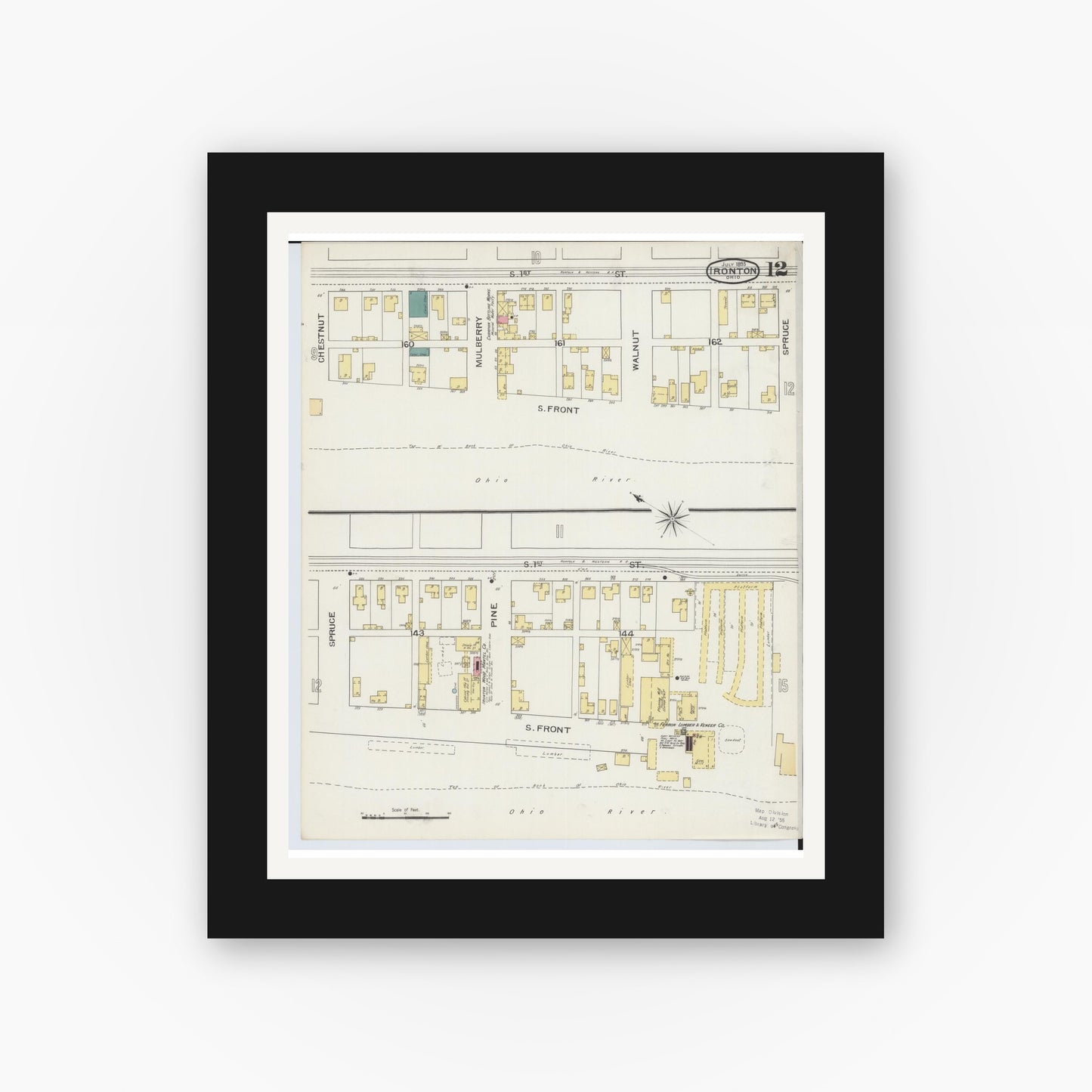 Old map wall art mockup — black gallery frame with white mat — Sanborn Fire Insurance Map from Ironton, Lawrence County, Ohio (1893), Sheet #0012