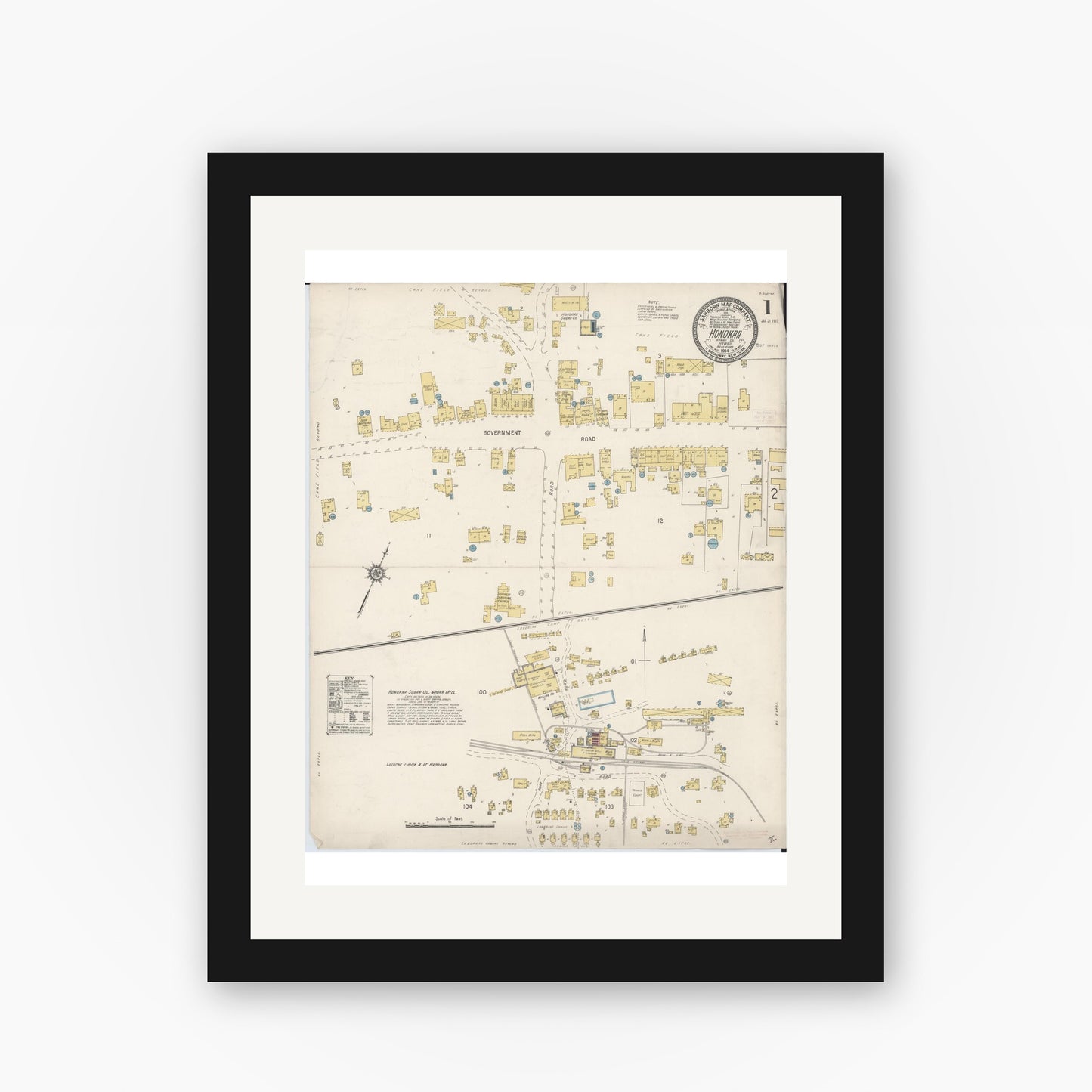 Old map wall art mockup — black gallery frame with white mat — Sanborn Fire Insurance Map from Honokaa, Hawaii County, Hawaii (1914), Sheet #0001