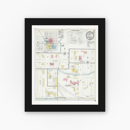 Old map wall art mockup — black gallery frame with white mat — Sanborn Fire Insurance Map from Vandalia, Fayette County, Illinois (1898), Sheet #0001