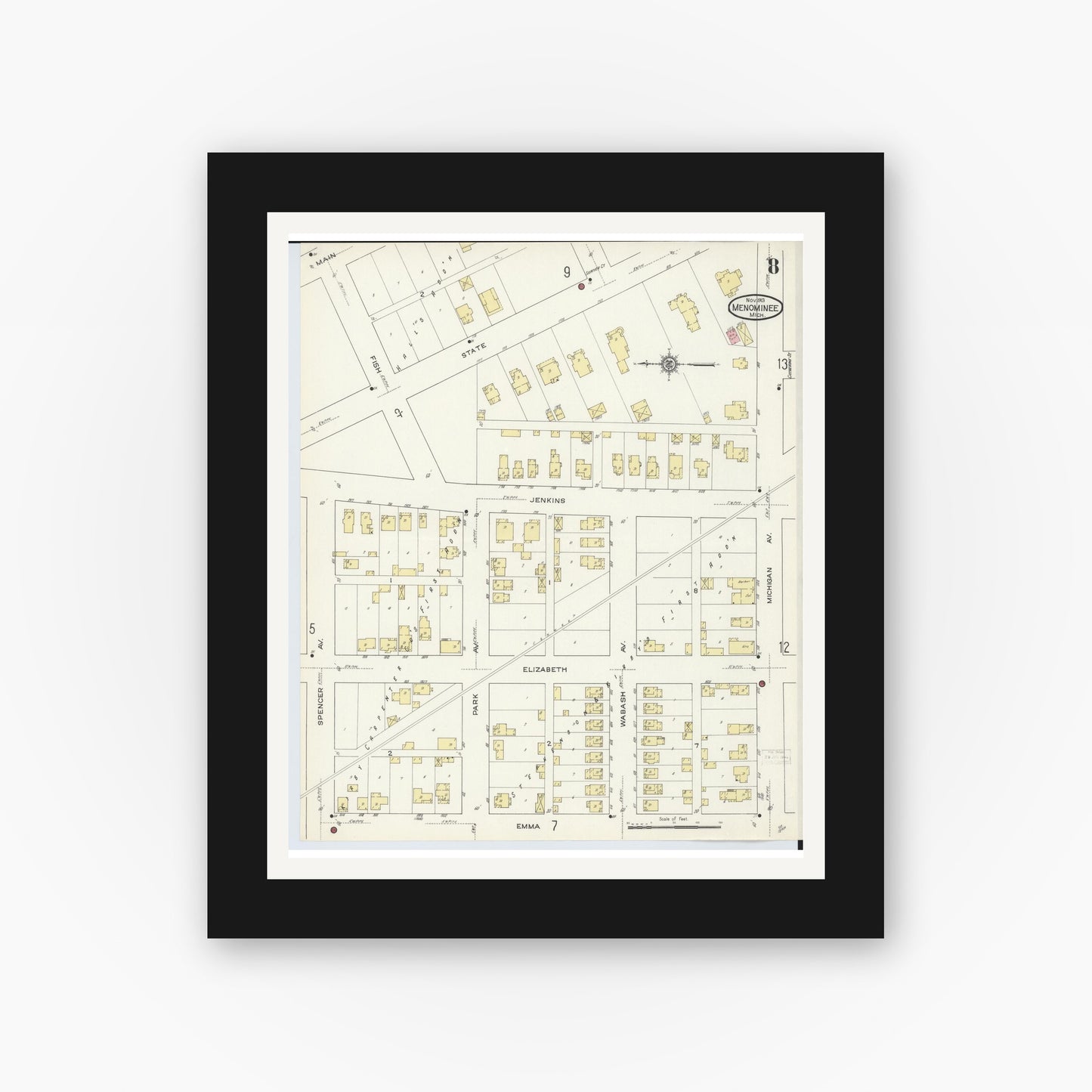 Old map wall art mockup — black gallery frame with white mat — Sanborn Fire Insurance Map from Menominee, Menominee County, Michigan (1913), Sheet #0008