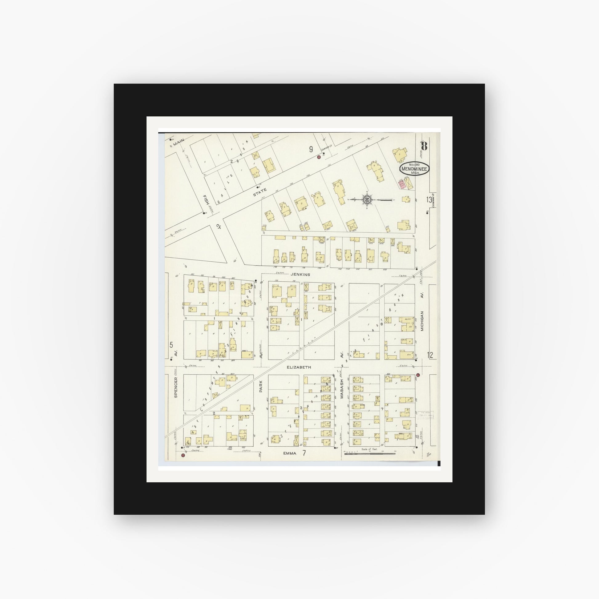 Old map wall art mockup — black gallery frame with white mat — Sanborn Fire Insurance Map from Menominee, Menominee County, Michigan (1913), Sheet #0008
