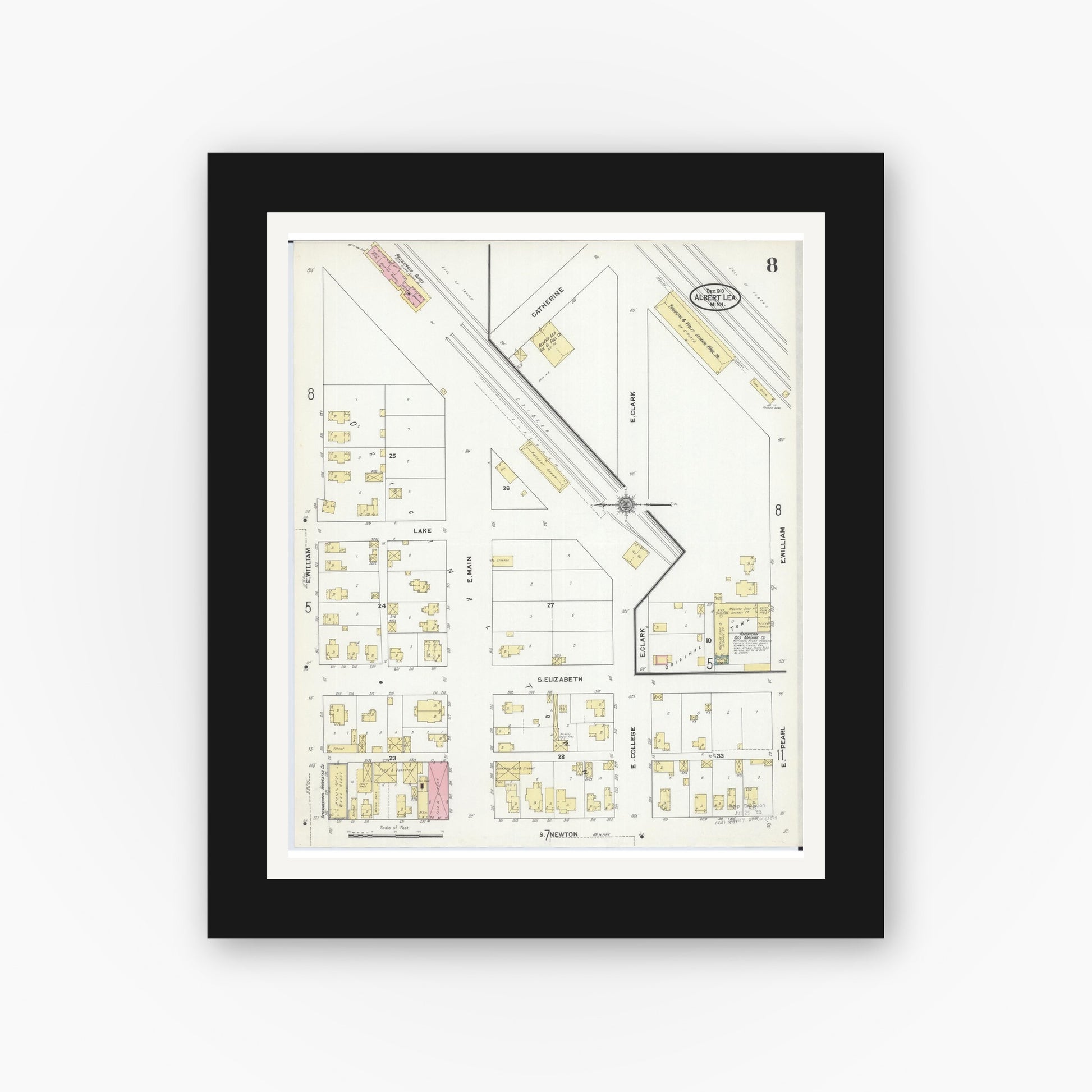 Old map wall art mockup — black gallery frame with white mat — Sanborn Fire Insurance Map from Albert Lea, Freeborn County, Minnesota (1910), Sheet #0008