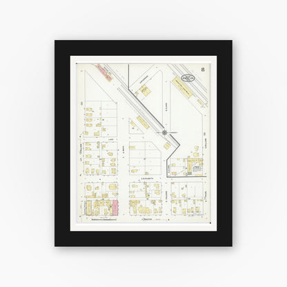 Old map wall art mockup — black gallery frame with white mat — Sanborn Fire Insurance Map from Albert Lea, Freeborn County, Minnesota (1910), Sheet #0008