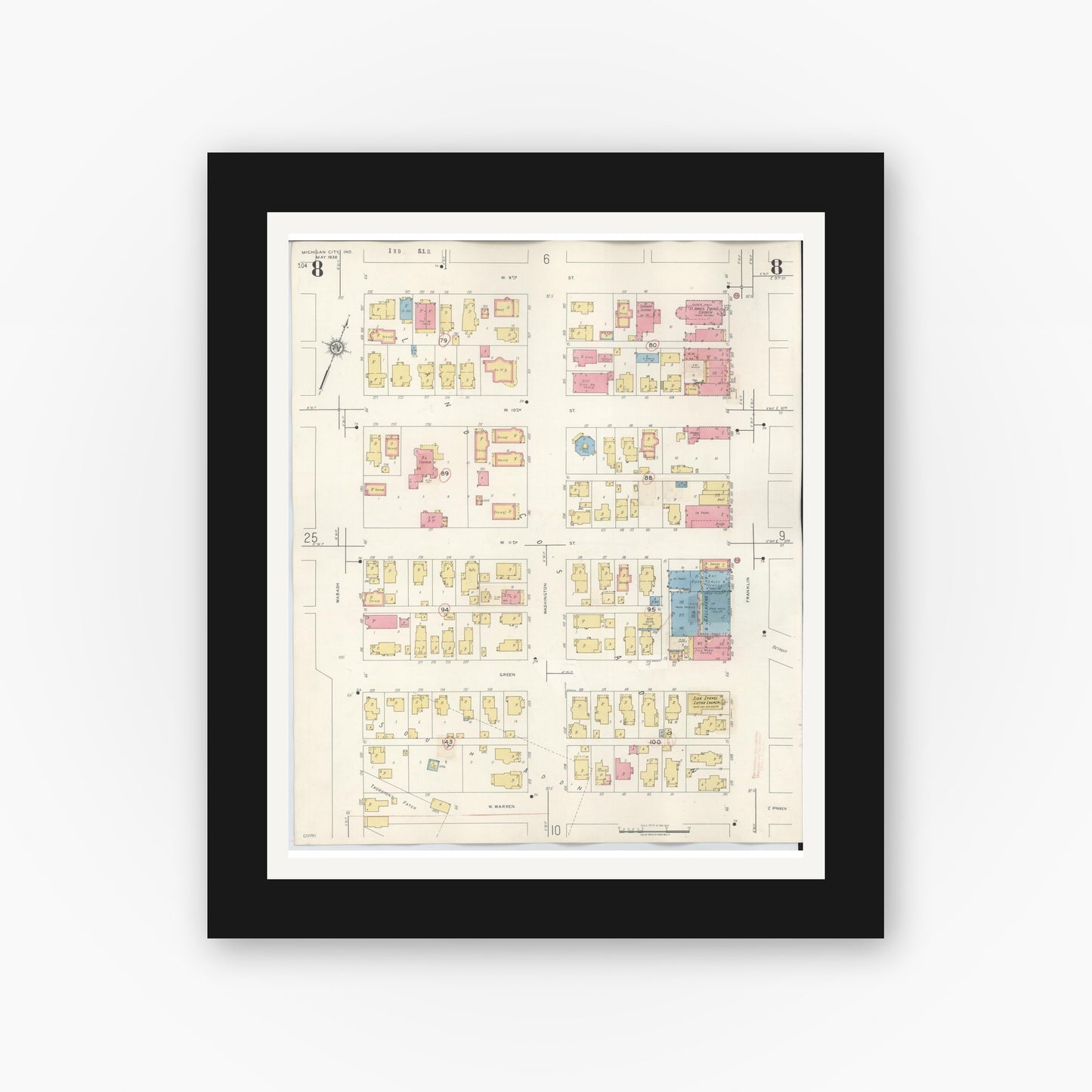 Old map wall art mockup — black gallery frame with white mat — Sanborn Fire Insurance Map from Michigan City, La Porte County, Indiana (1948), Sheet #0008