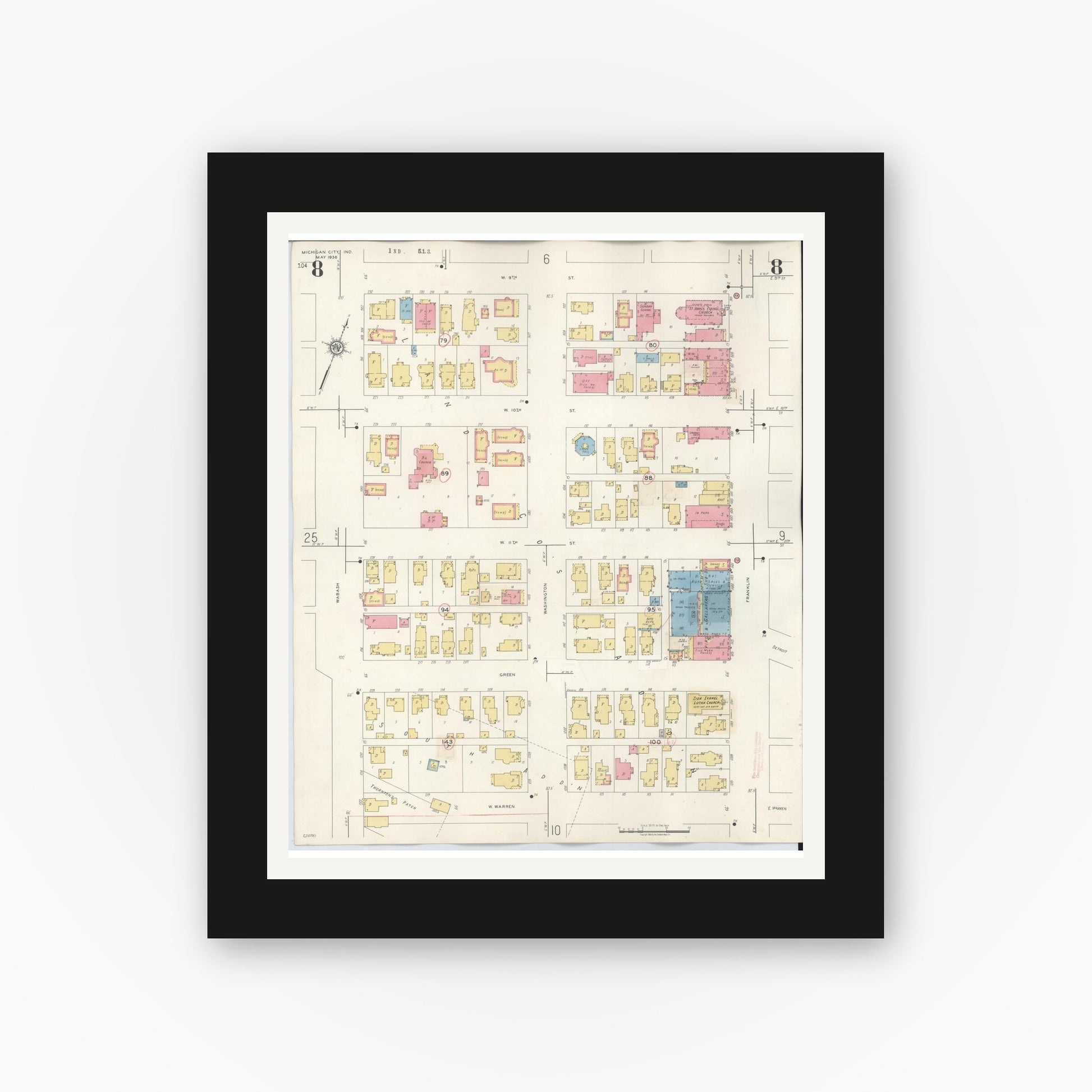Old map wall art mockup — black gallery frame with white mat — Sanborn Fire Insurance Map from Michigan City, La Porte County, Indiana (1948), Sheet #0008