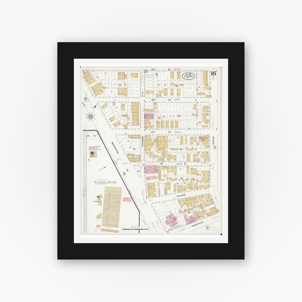 Old map wall art mockup — black gallery frame with white mat — Sanborn Fire Insurance Map from Cairo, Alexander County, Illinois (1907), Sheet #0016