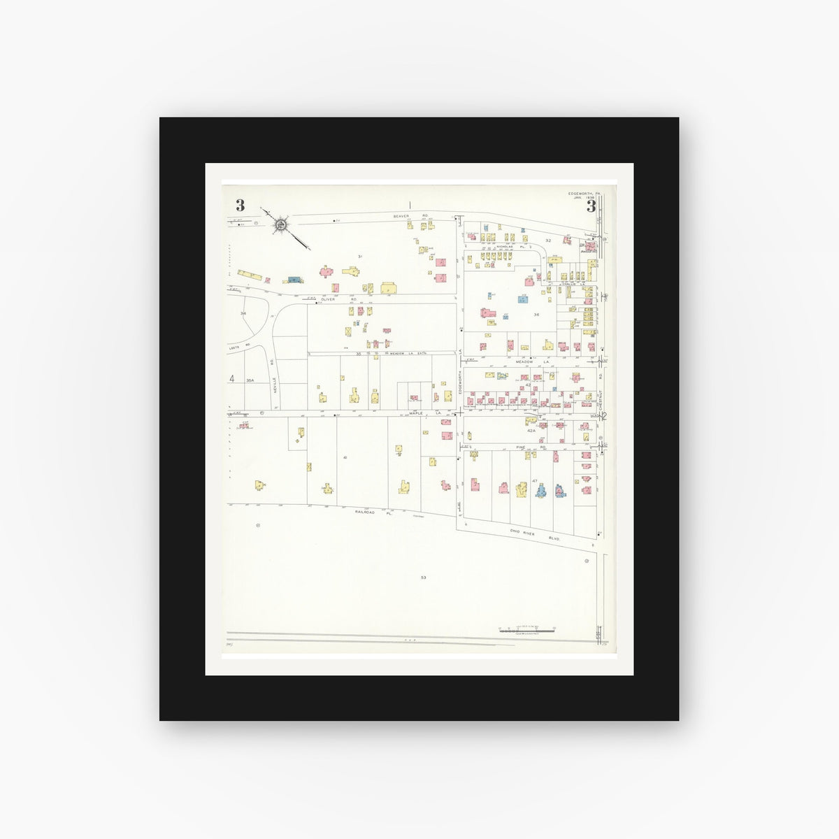 Old map wall art mockup — black gallery frame with white mat — Sanborn Fire Insurance Map from Edgeworth, Allegheny County, Pennsylvania (1938), Sheet #0003