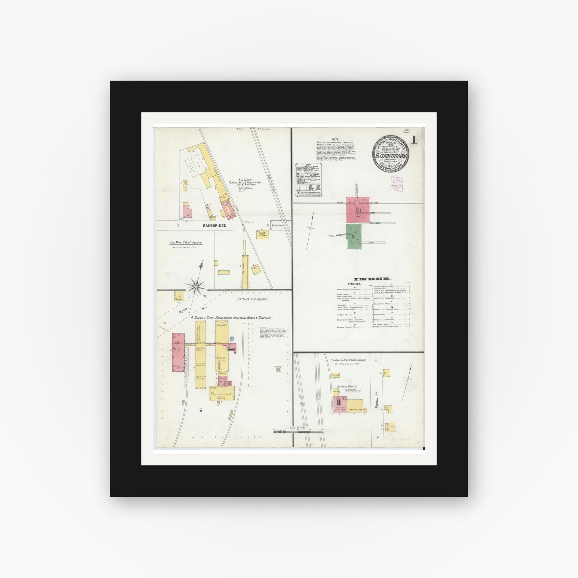 Old map wall art mockup — black gallery frame with white mat — Sanborn Fire Insurance Map from Elizabethtown, Lancaster County, Pennsylvania (1902) - Complete Map Set
