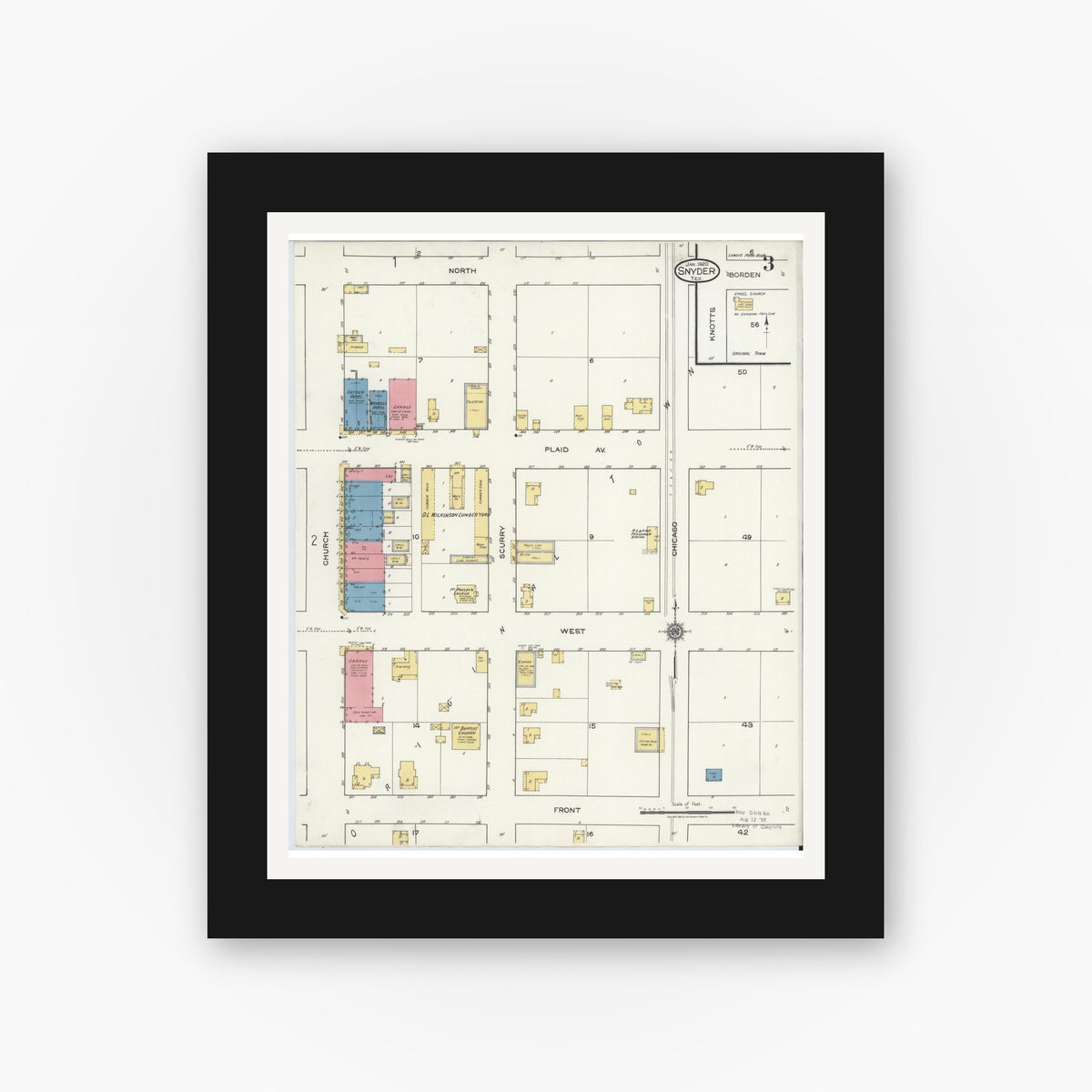 Old map wall art mockup — black gallery frame with white mat — Sanborn Fire Insurance Map from Snyder, Scurry County, Texas (1920), Sheet #0003