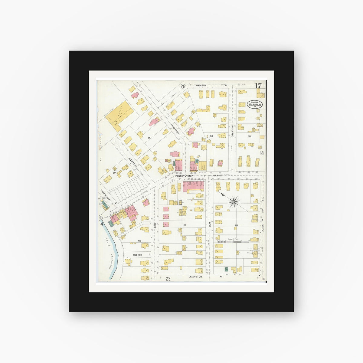 Old map wall art mockup — black gallery frame with white mat — Sanborn Fire Insurance Map from Warren, Warren County, Pennsylvania (1904), Sheet #0017