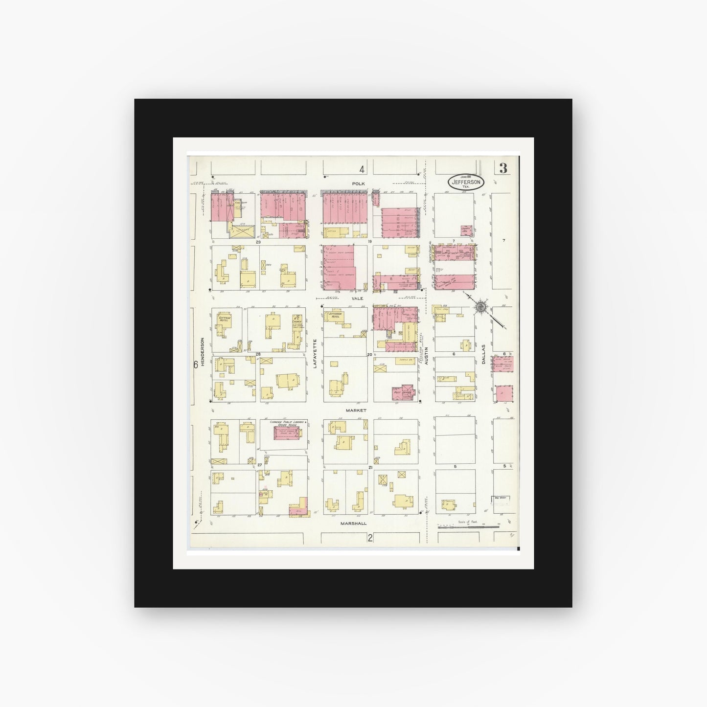 Old map wall art mockup — black gallery frame with white mat — Sanborn Fire Insurance Map from Jefferson, Marion County, Texas (1911), Sheet #0003