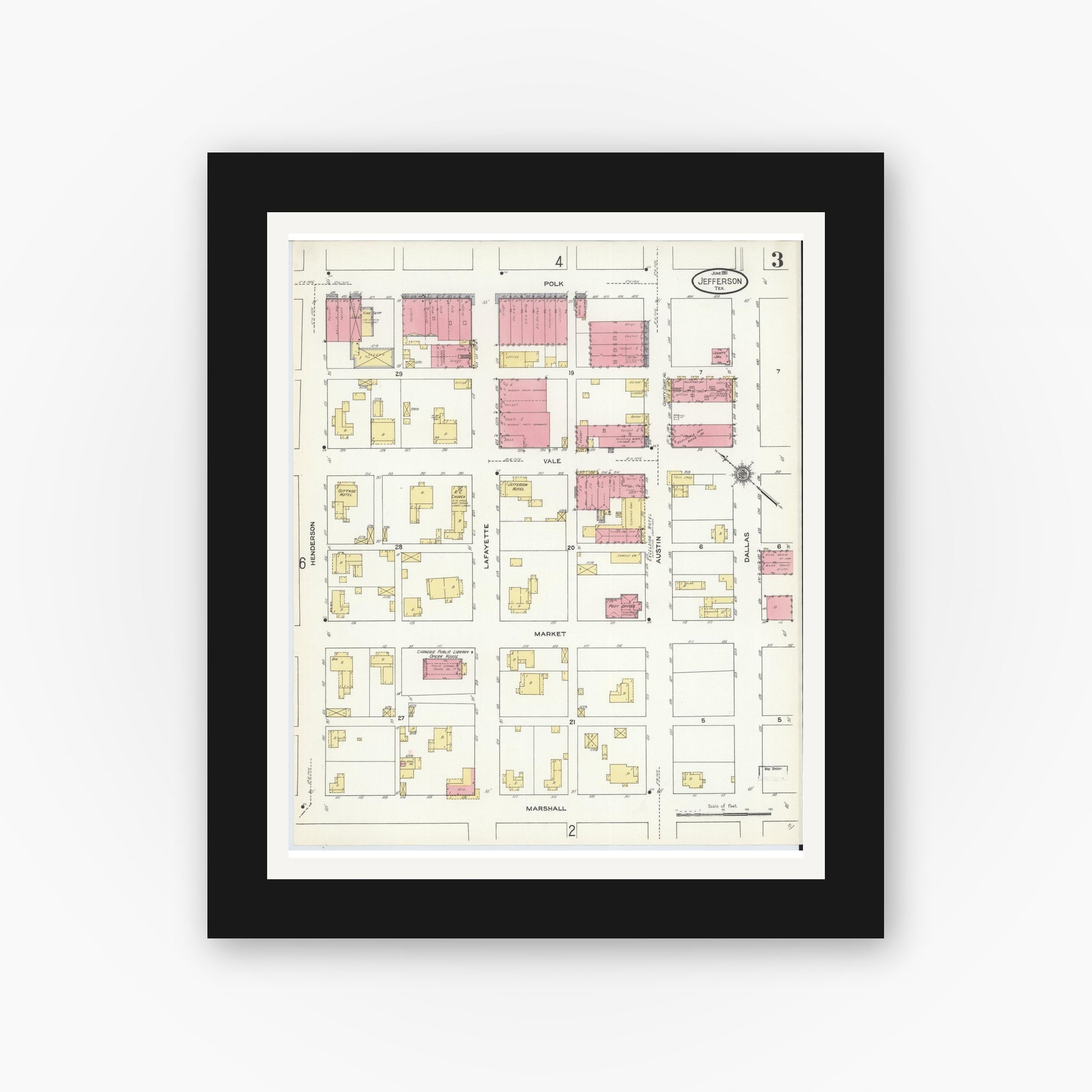 Old map wall art mockup — black gallery frame with white mat — Sanborn Fire Insurance Map from Jefferson, Marion County, Texas (1911), Sheet #0003