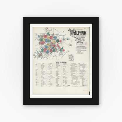 Old map wall art mockup — black gallery frame with white mat — Sanborn Fire Insurance Map from Waltham, Middlesex County, Massachusetts (1903) - Complete Map Set