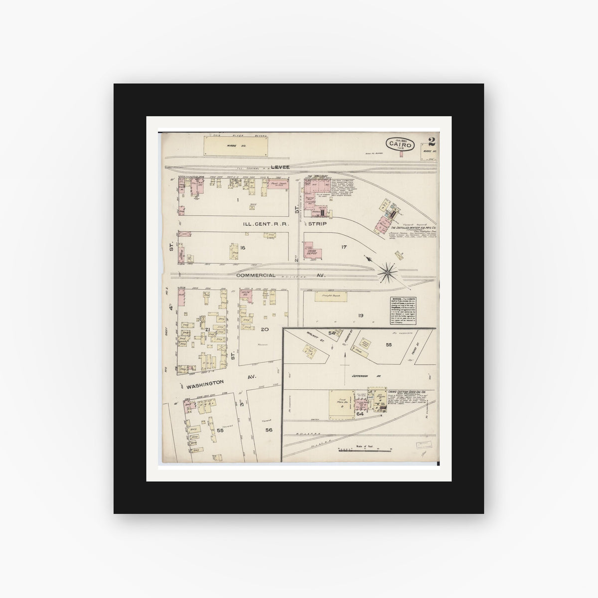 Old map wall art mockup — black gallery frame with white mat — Sanborn Fire Insurance Map from Cairo, Alexander County, Illinois (1885), Sheet #0002