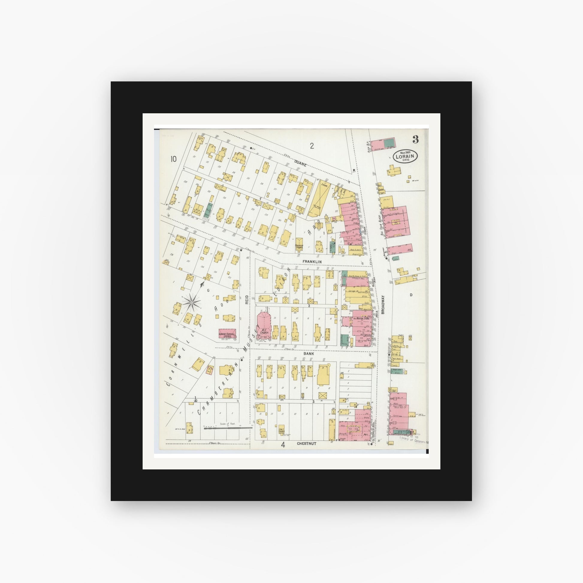 Old map wall art mockup — black gallery frame with white mat — Sanborn Fire Insurance Map from Lorain, Lorain County, Ohio (1900), Sheet #0003