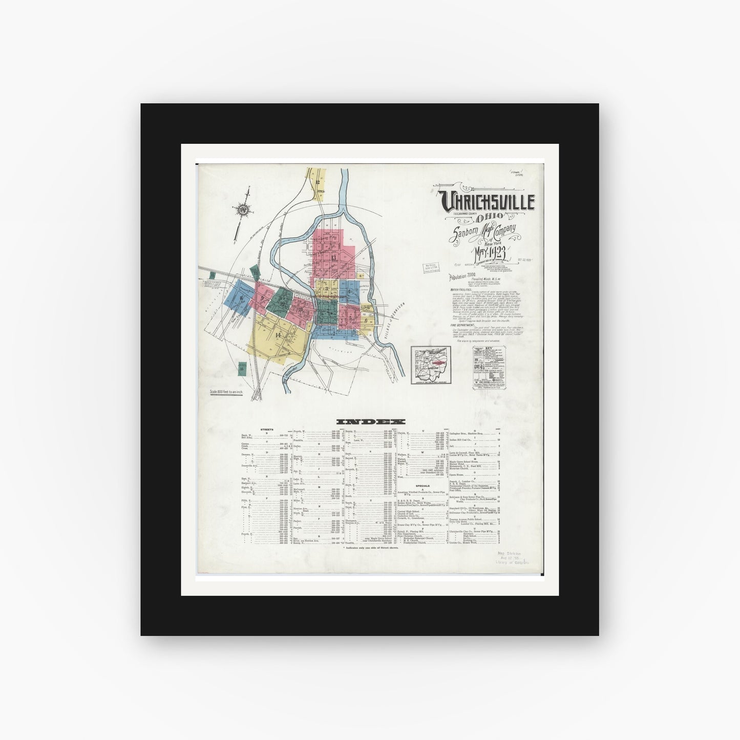 Old map wall art mockup — black gallery frame with white mat — Sanborn Fire Insurance Map from Uhrichsville, Tuscarawas County, Ohio (1923) - Complete Map Set