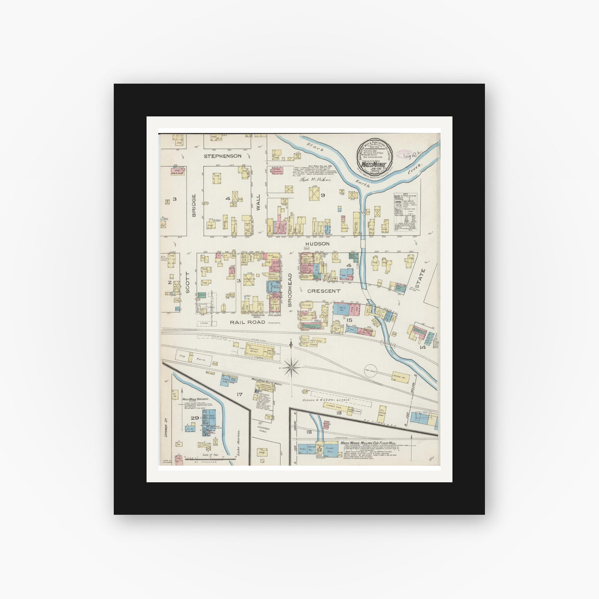 Old map wall art mockup — black gallery frame with white mat — Sanborn Fire Insurance Map from Mazomanie, Dane County, Wisconsin (1886), Sheet #0001