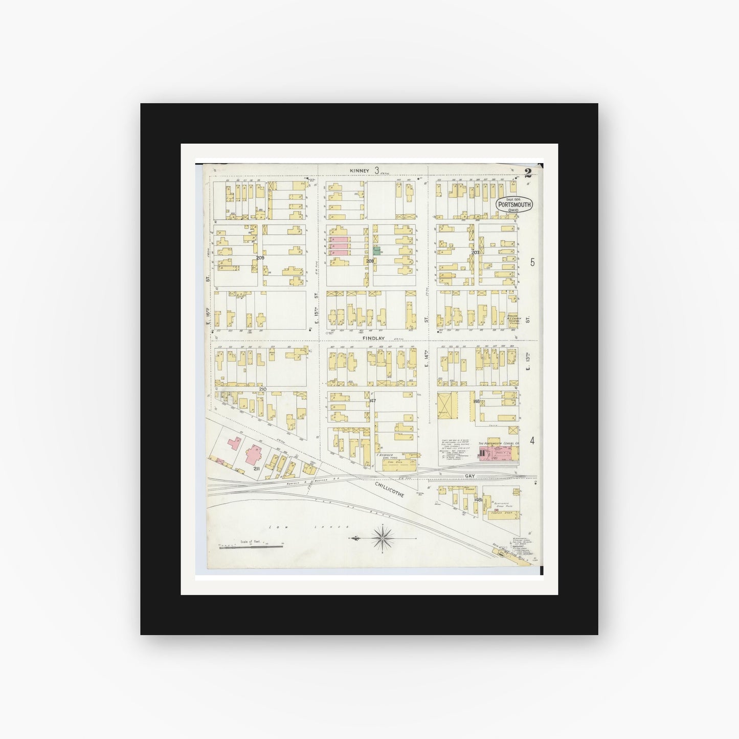Old map wall art mockup — black gallery frame with white mat — Sanborn Fire Insurance Map from Portsmouth, Scioto County, Ohio (1904), Sheet #0002