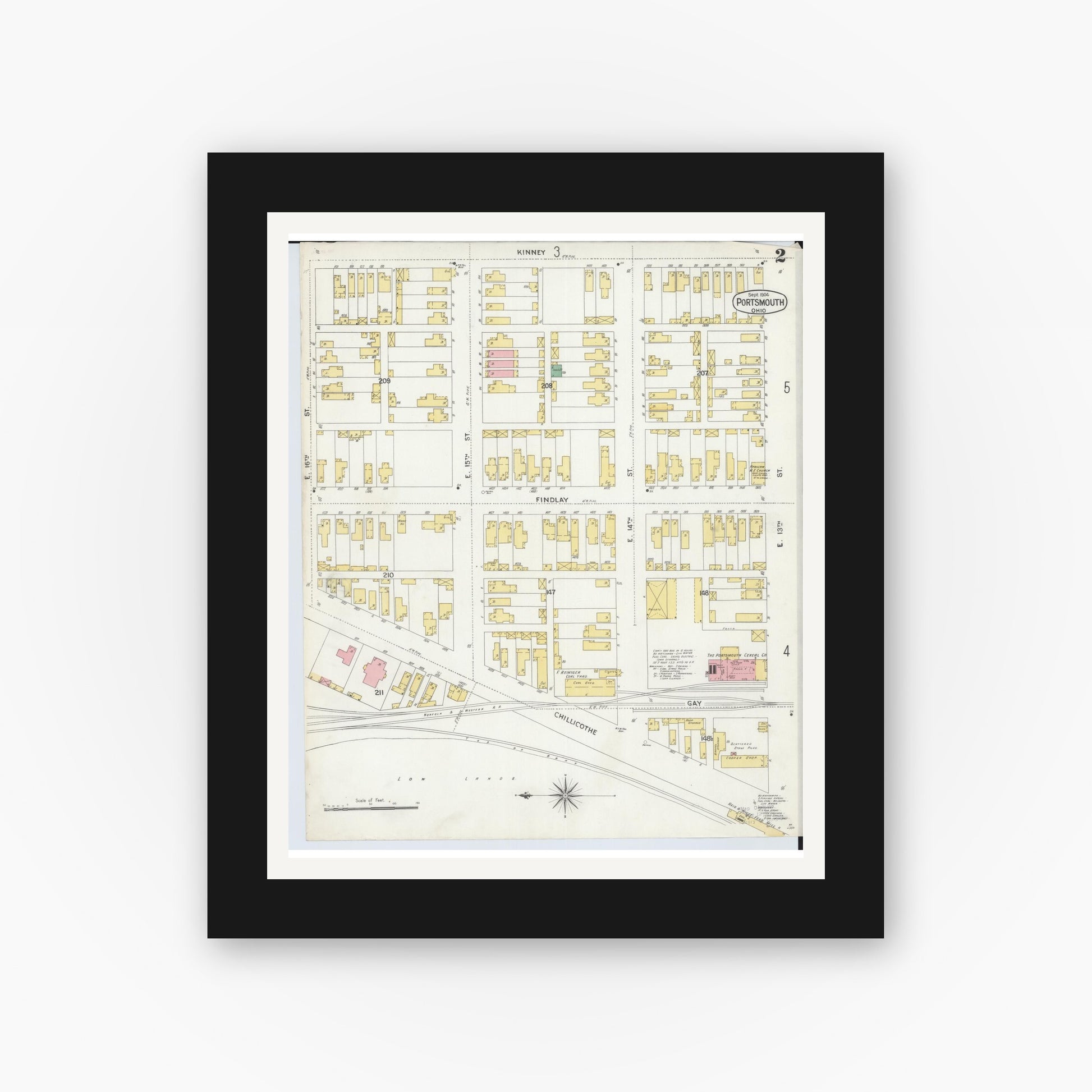 Old map wall art mockup — black gallery frame with white mat — Sanborn Fire Insurance Map from Portsmouth, Scioto County, Ohio (1904), Sheet #0002