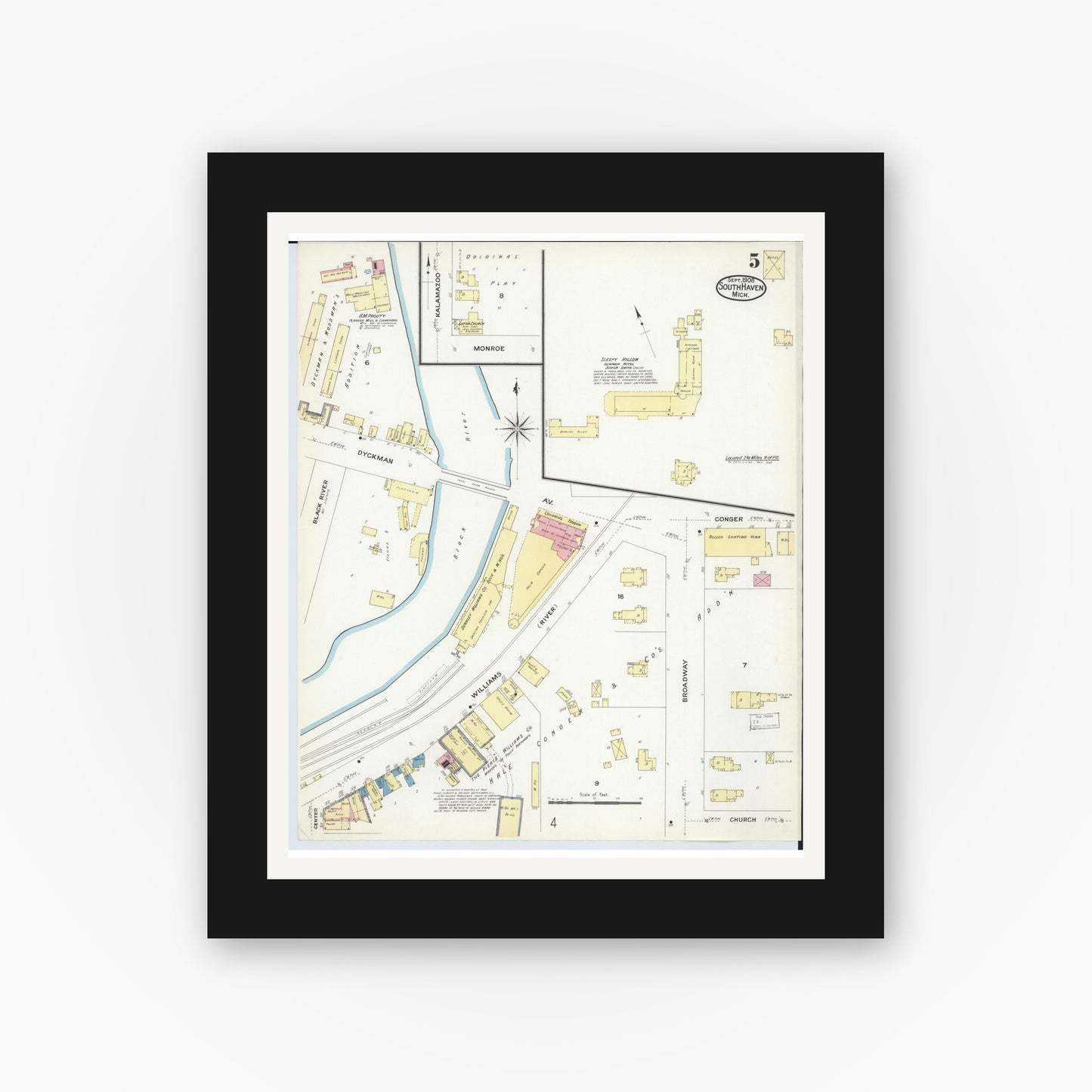 Old map wall art mockup — black gallery frame with white mat — Sanborn Fire Insurance Map from South Haven, Van Buren County, Michigan (1908), Sheet #0005