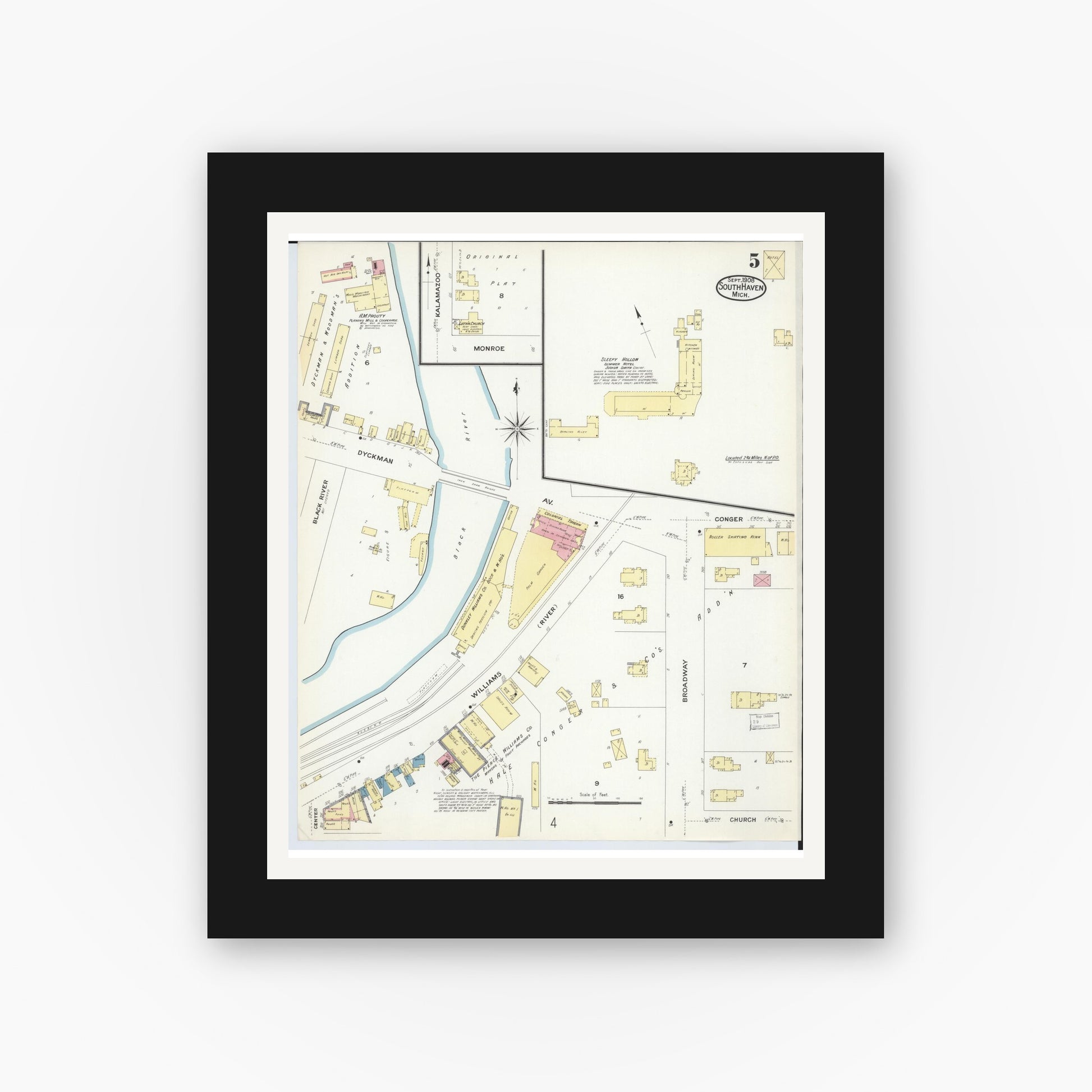 Old map wall art mockup — black gallery frame with white mat — Sanborn Fire Insurance Map from South Haven, Van Buren County, Michigan (1908), Sheet #0005