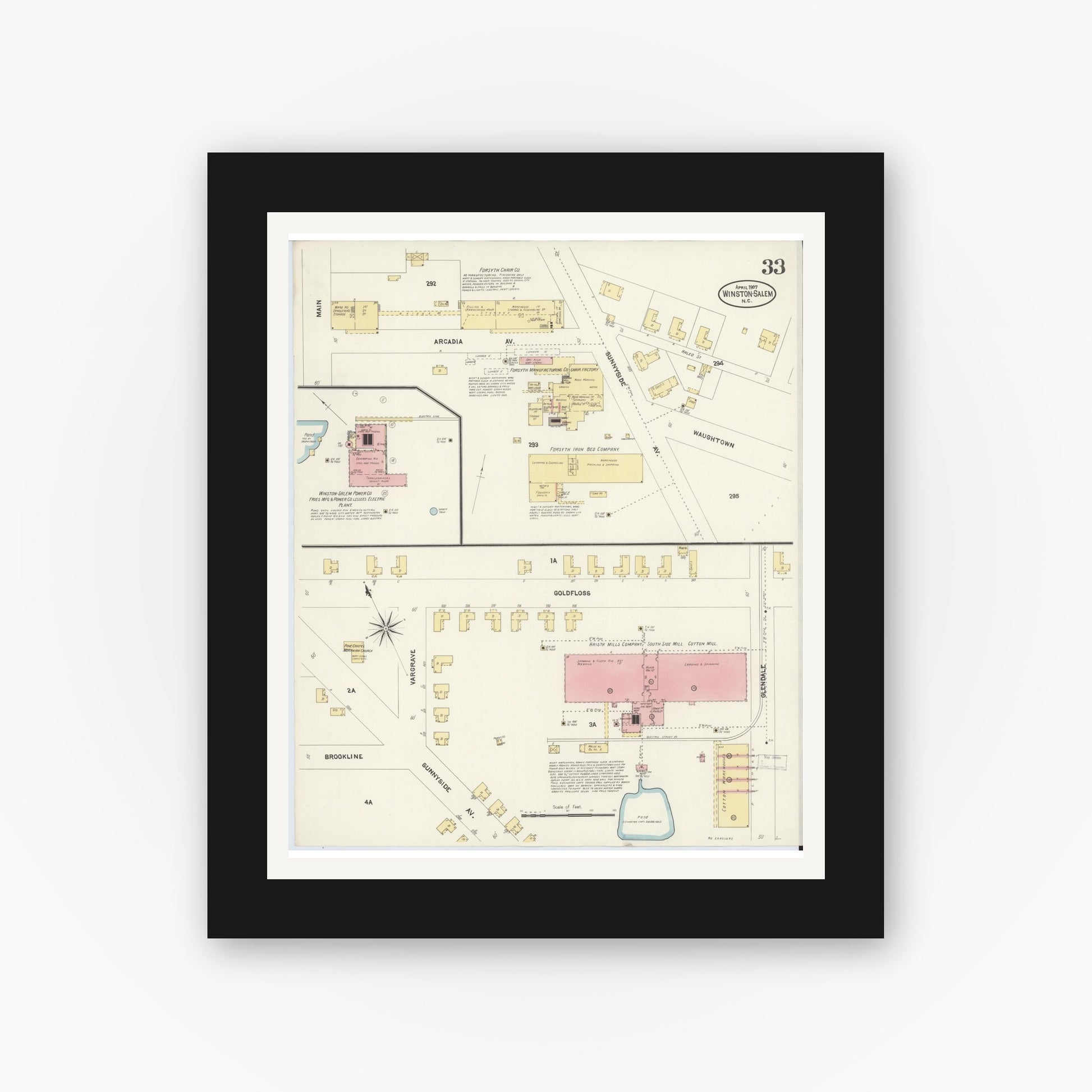 Old map wall art mockup — black gallery frame with white mat — Sanborn Fire Insurance Map from Winston-Salem, Forsyth County, North Carolina (1907), Sheet #0033