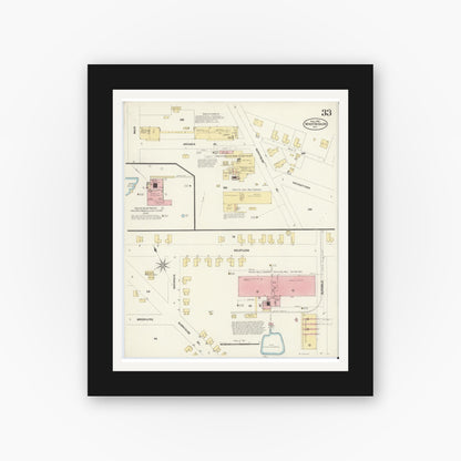 Old map wall art mockup — black gallery frame with white mat — Sanborn Fire Insurance Map from Winston-Salem, Forsyth County, North Carolina (1907), Sheet #0033