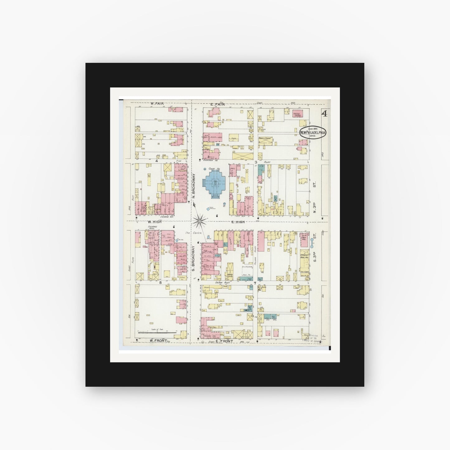Old map wall art mockup — black gallery frame with white mat — Sanborn Fire Insurance Map from New Philadelphia, Tuscarawas County, Ohio (1892), Sheet #0004