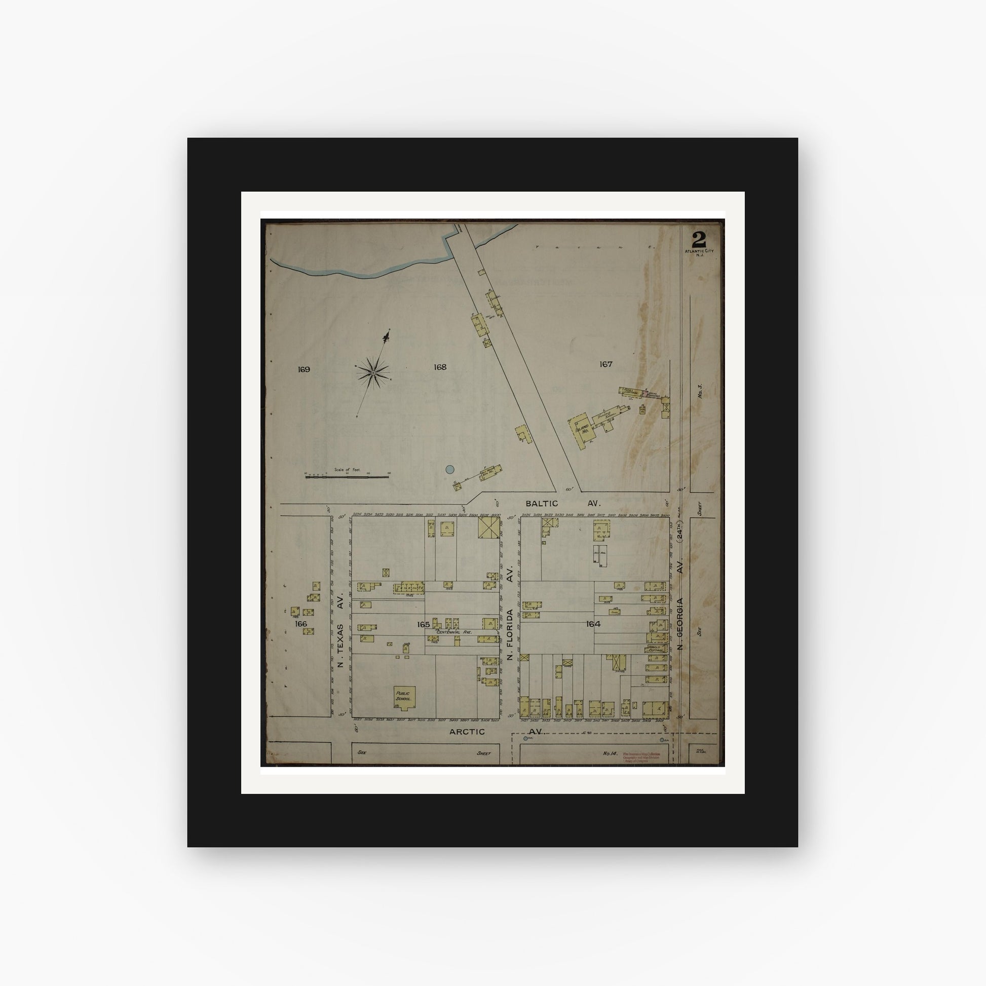 Old map wall art mockup — black gallery frame with white mat — Sanborn Fire Insurance Map from Atlantic City, Atlantic County, New Jersey (1886) - Complete Map Set
