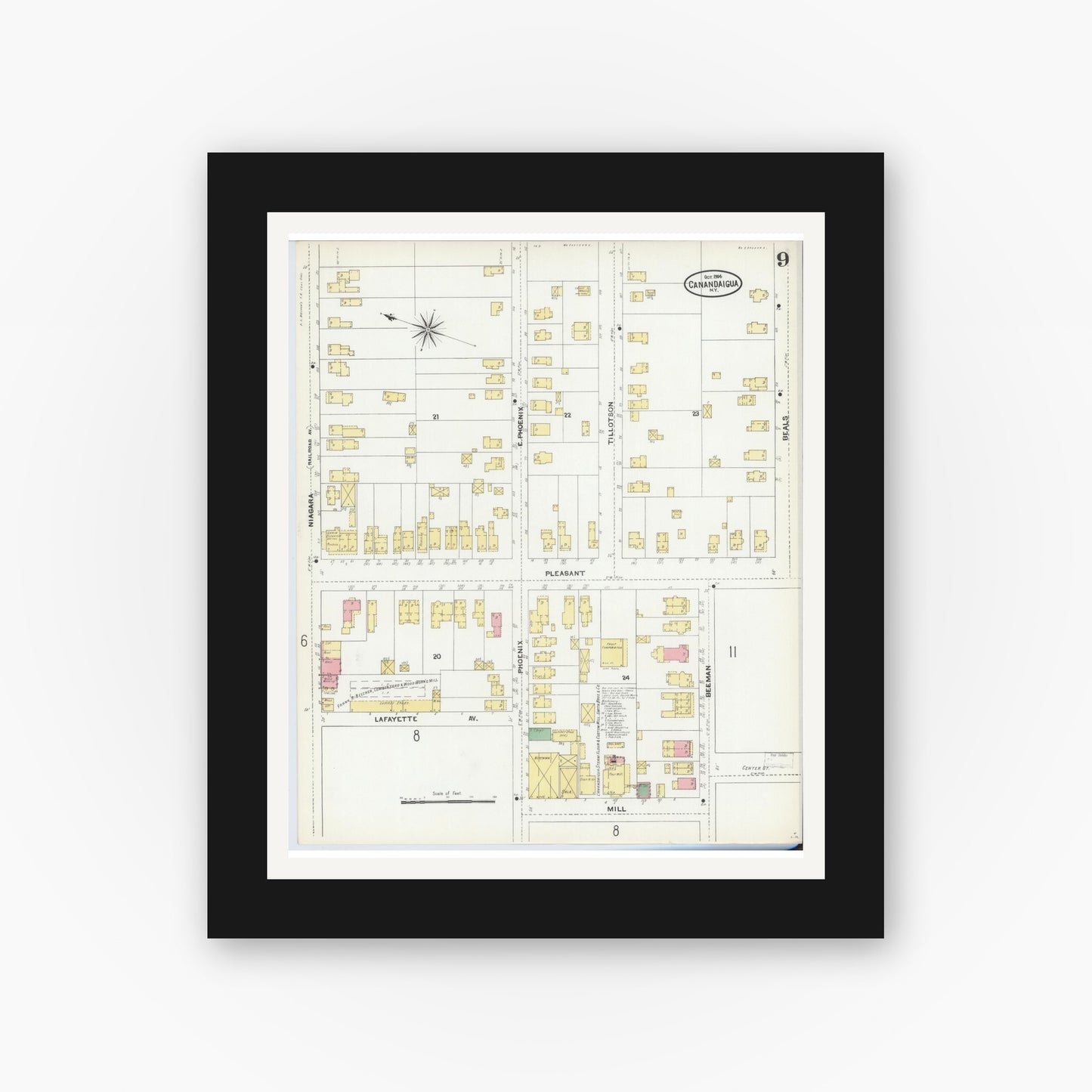 Old map wall art mockup — black gallery frame with white mat — Sanborn Fire Insurance Map from Canandaigua, Ontario County, New York (1904), Sheet #0009